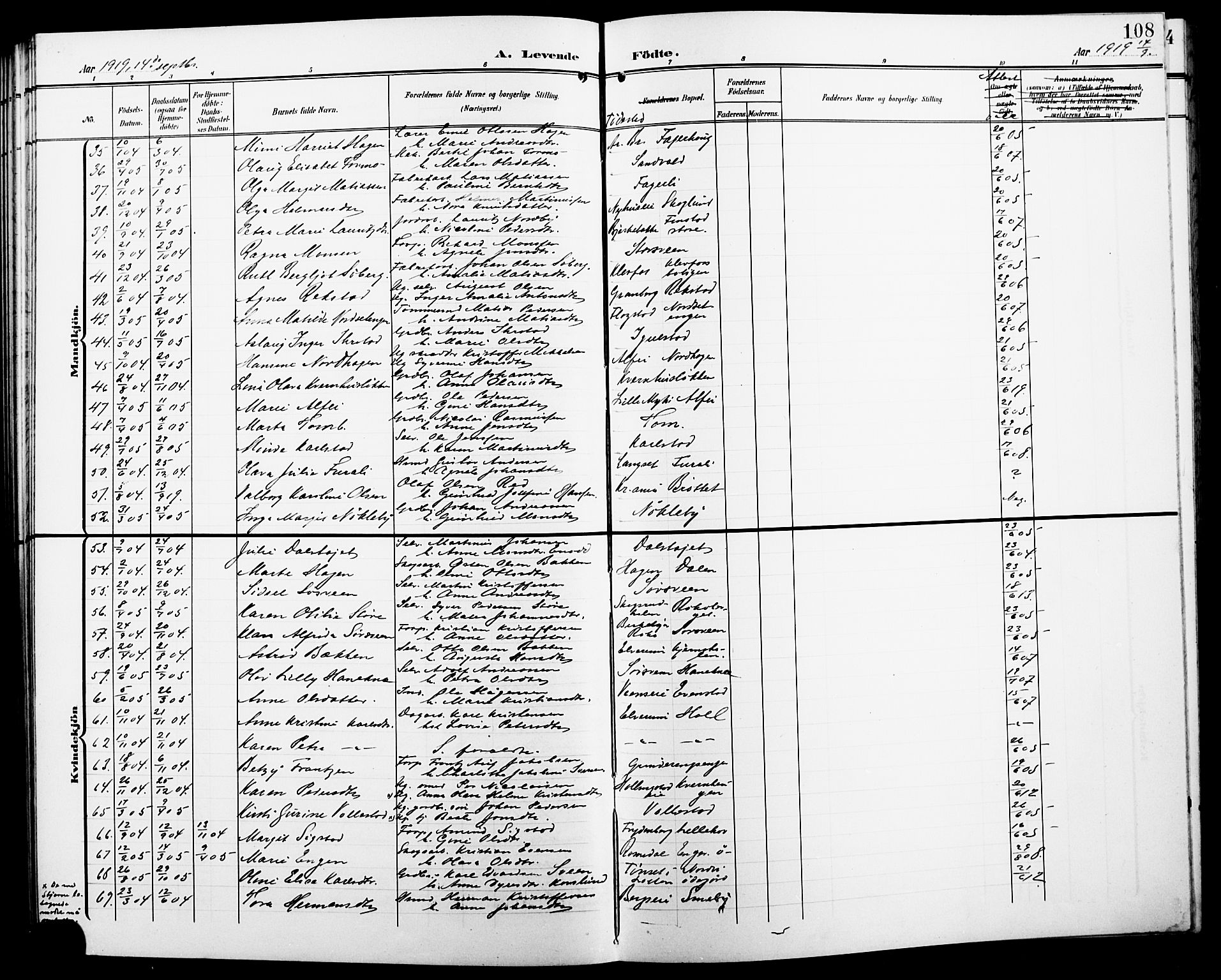 Løten prestekontor, AV/SAH-PREST-022/L/La/L0007: Parish register (copy) no. 7, 1910-1919, p. 108