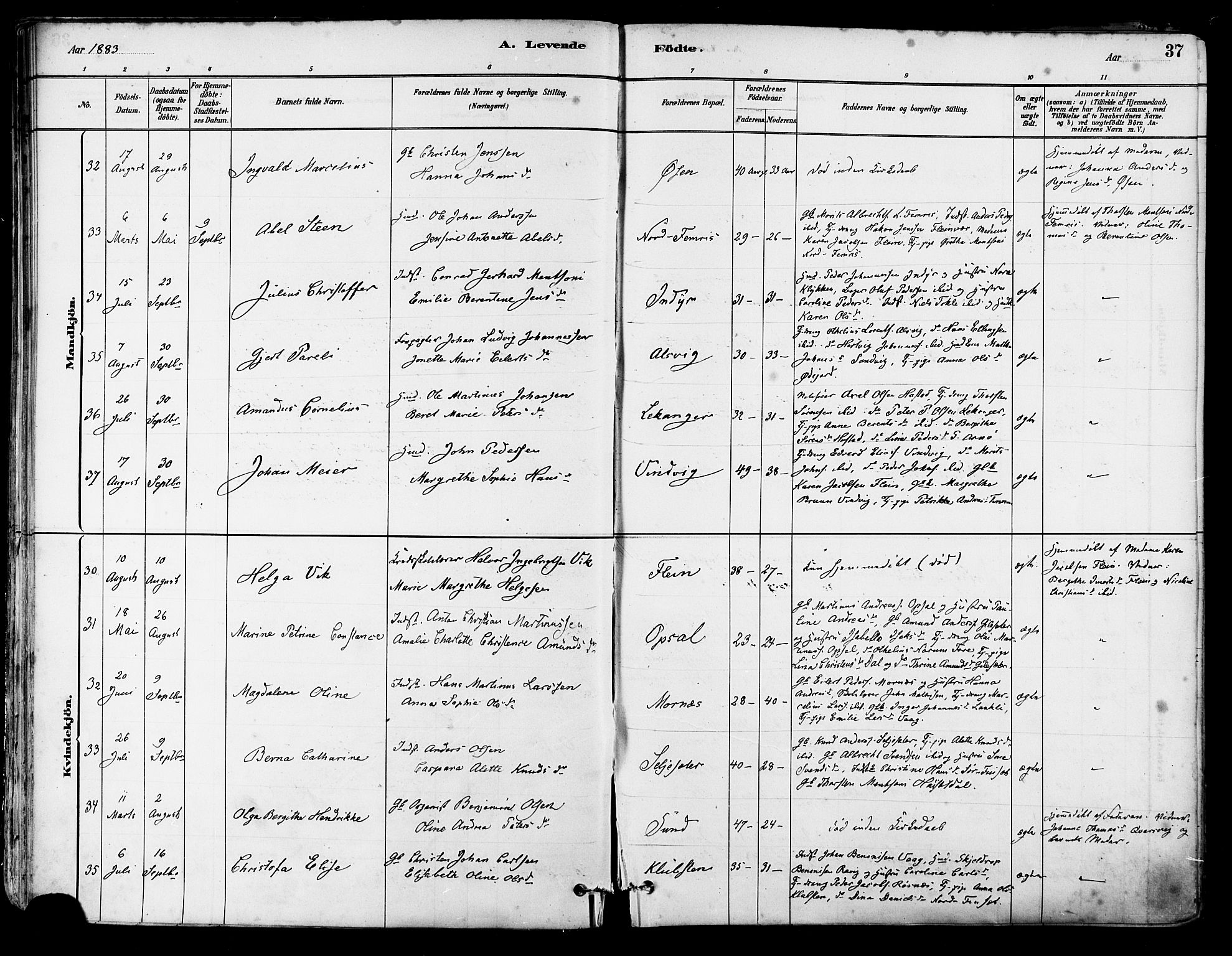 Ministerialprotokoller, klokkerbøker og fødselsregistre - Nordland, AV/SAT-A-1459/805/L0099: Parish register (official) no. 805A06, 1880-1891, p. 37