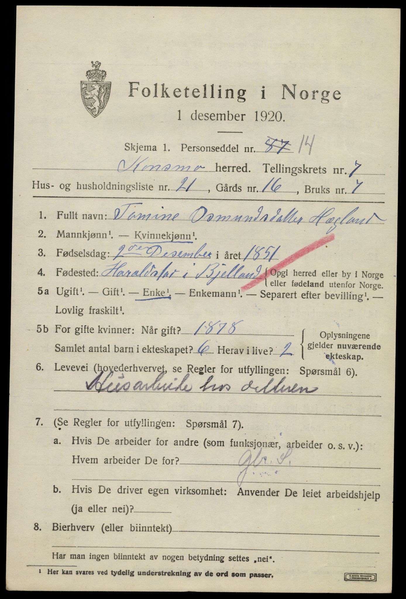 SAK, 1920 census for Konsmo, 1920, p. 1634