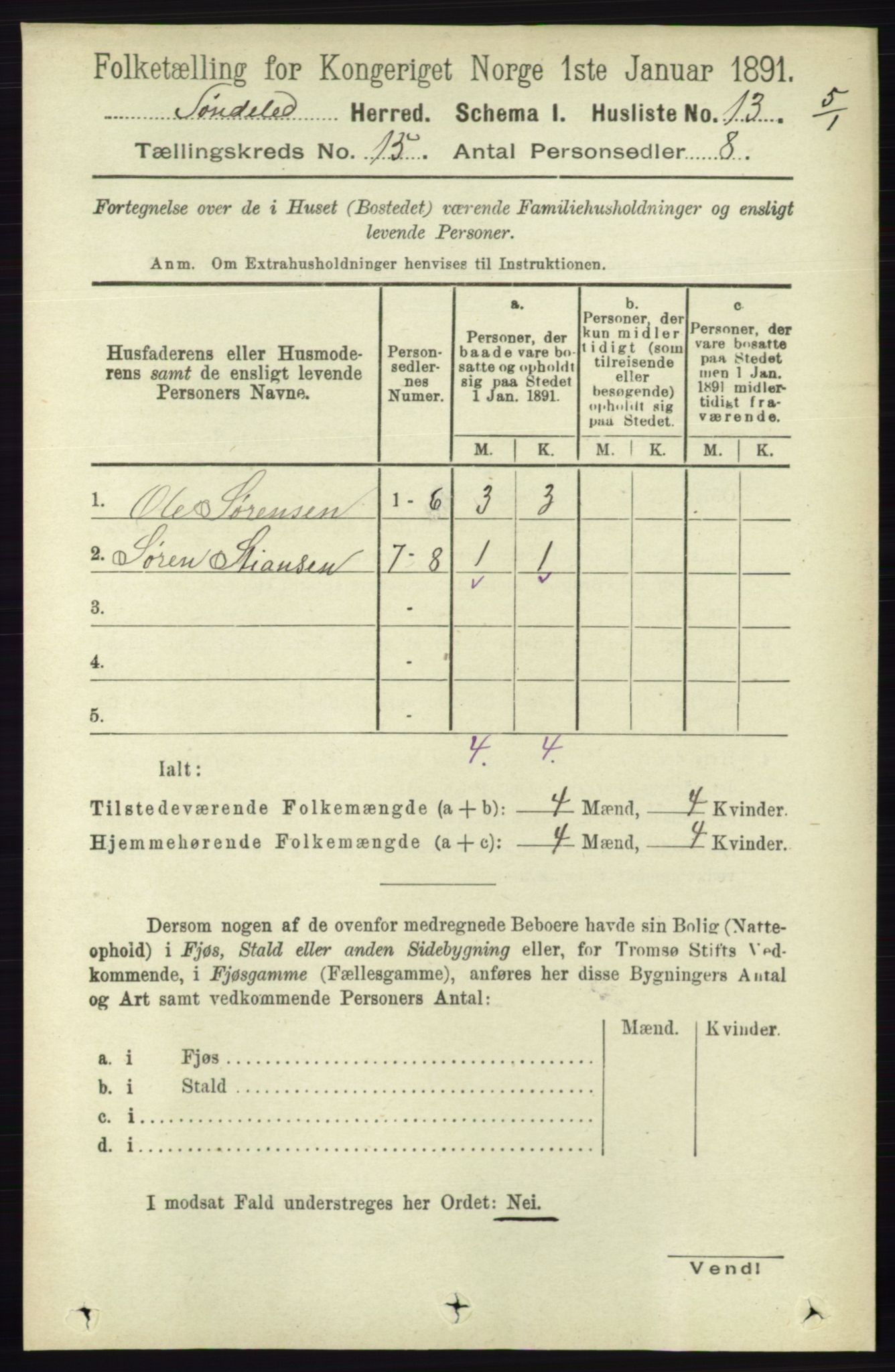 RA, 1891 census for 0913 Søndeled, 1891, p. 4316