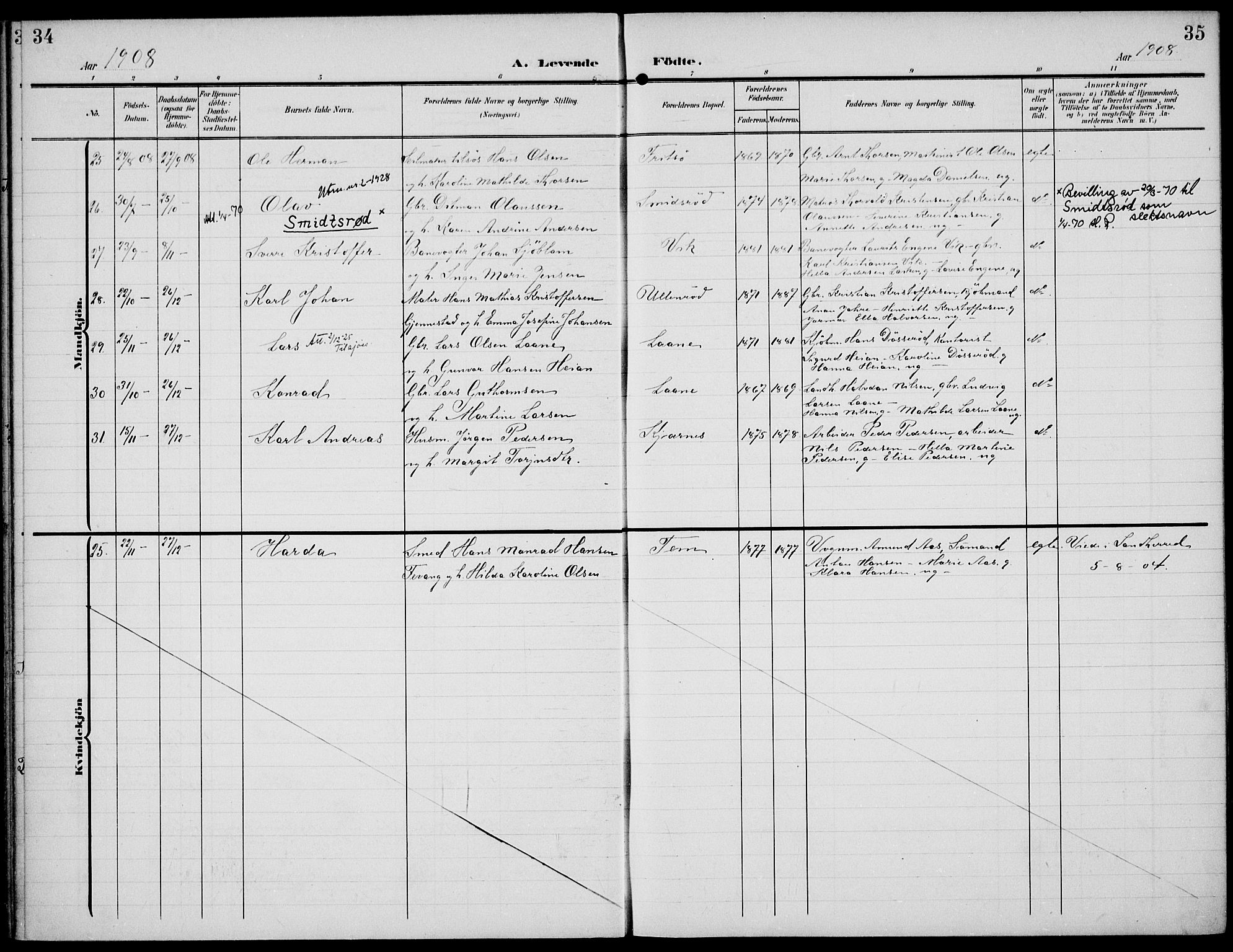 Sem kirkebøker, AV/SAKO-A-5/F/Fa/L0012: Parish register (official) no. I 12, 1905-1915, p. 34-35