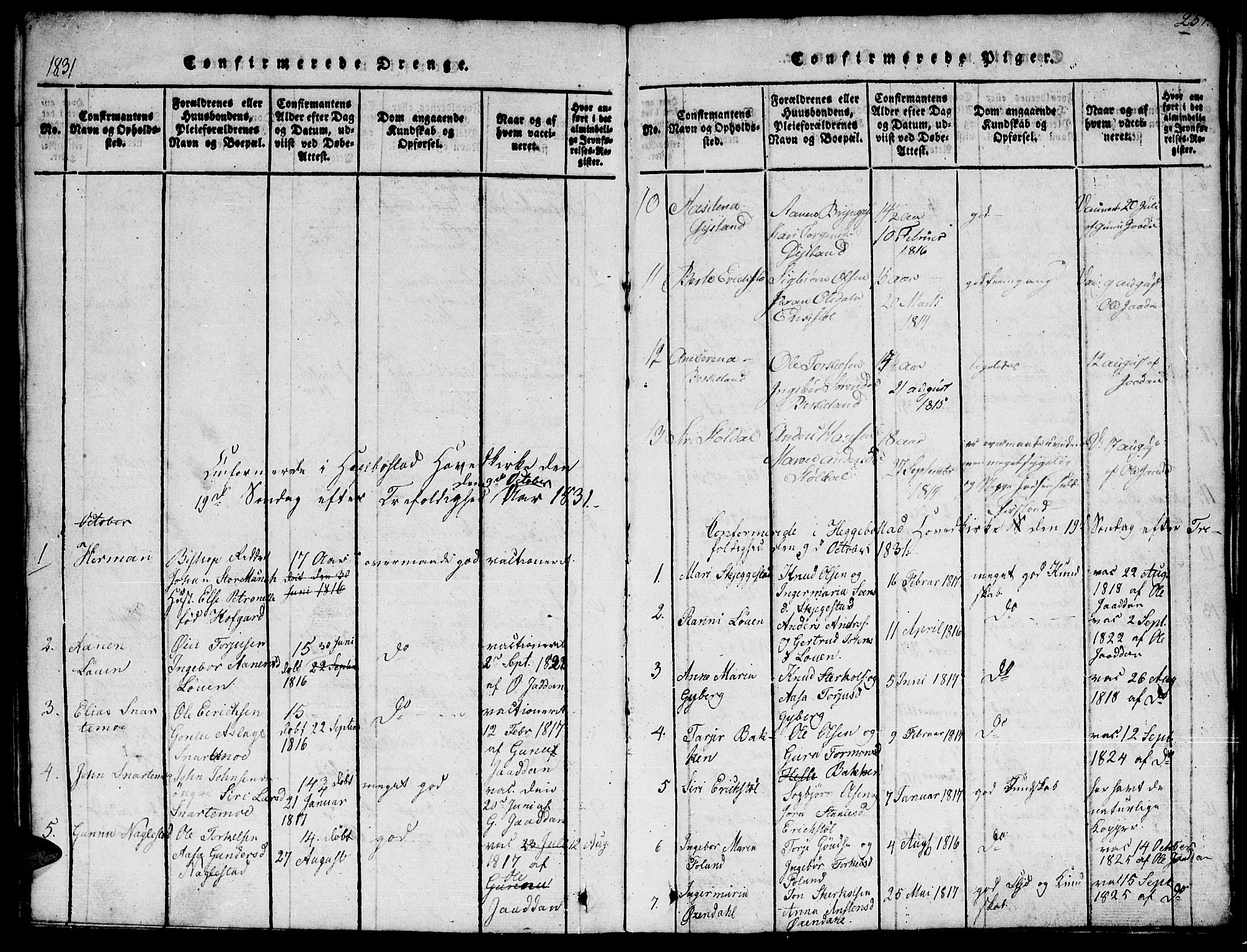 Hægebostad sokneprestkontor, AV/SAK-1111-0024/F/Fb/Fba/L0001: Parish register (copy) no. B 1, 1815-1844, p. 251