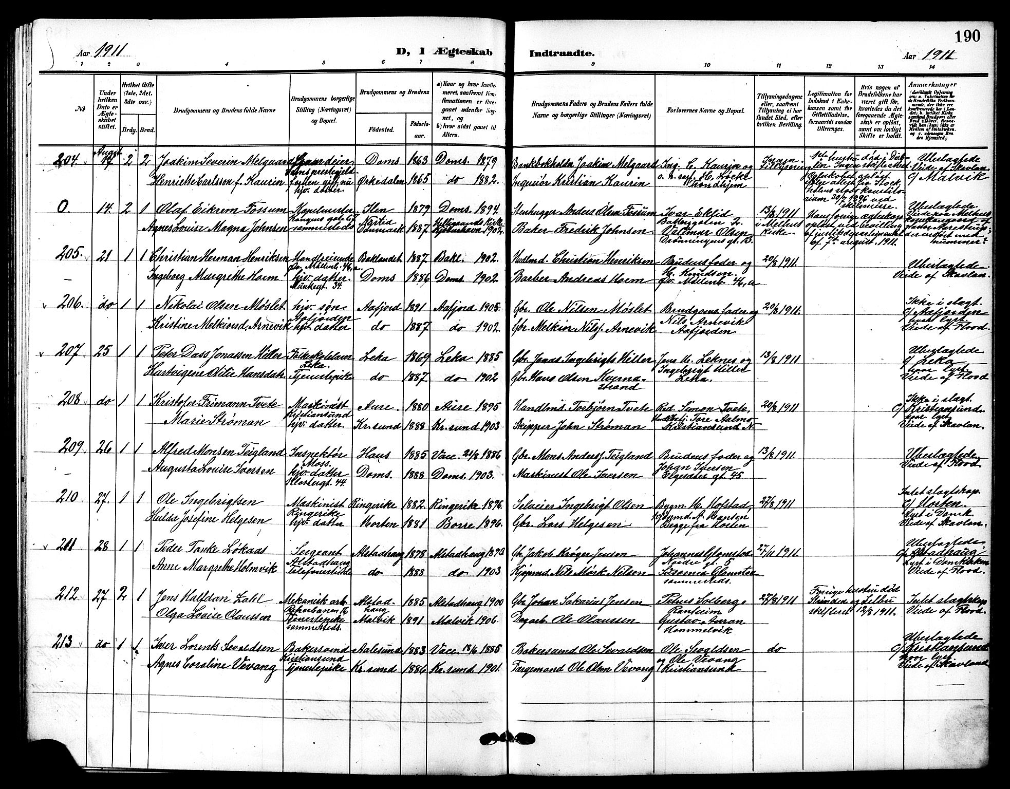 Ministerialprotokoller, klokkerbøker og fødselsregistre - Sør-Trøndelag, AV/SAT-A-1456/601/L0095: Parish register (copy) no. 601C13, 1902-1911, p. 190