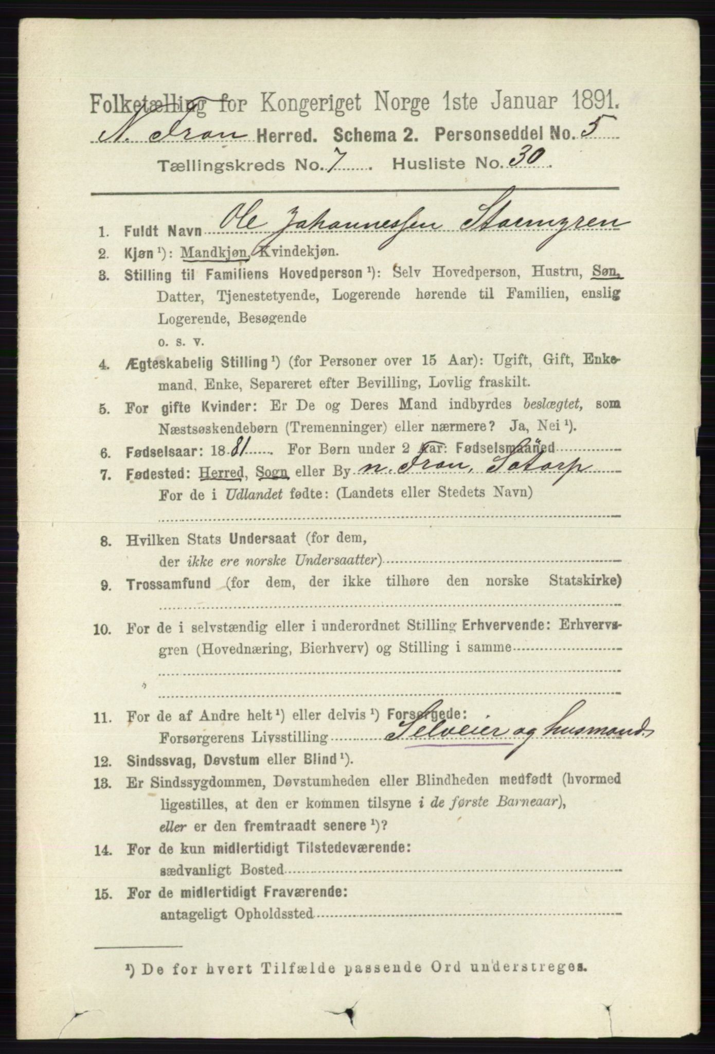 RA, 1891 census for 0518 Nord-Fron, 1891, p. 3021