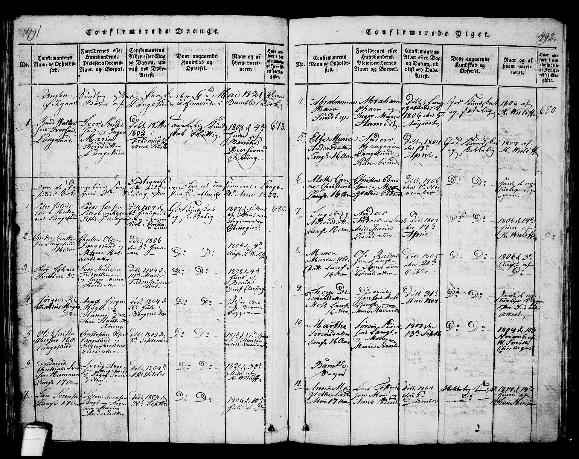 Langesund kirkebøker, SAKO/A-280/G/Ga/L0003: Parish register (copy) no. 3, 1815-1858, p. 491-492