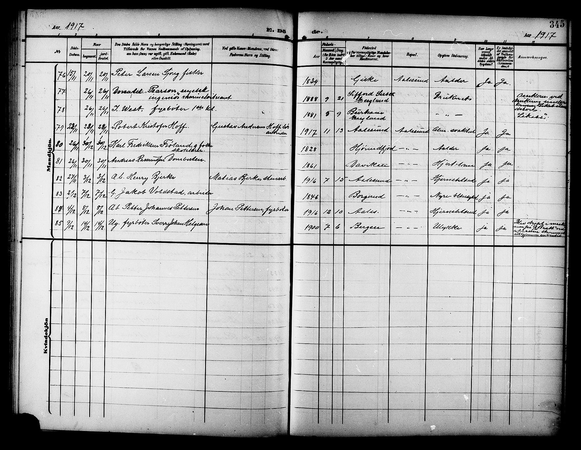 Ministerialprotokoller, klokkerbøker og fødselsregistre - Møre og Romsdal, AV/SAT-A-1454/529/L0470: Parish register (copy) no. 529C07, 1907-1917, p. 345