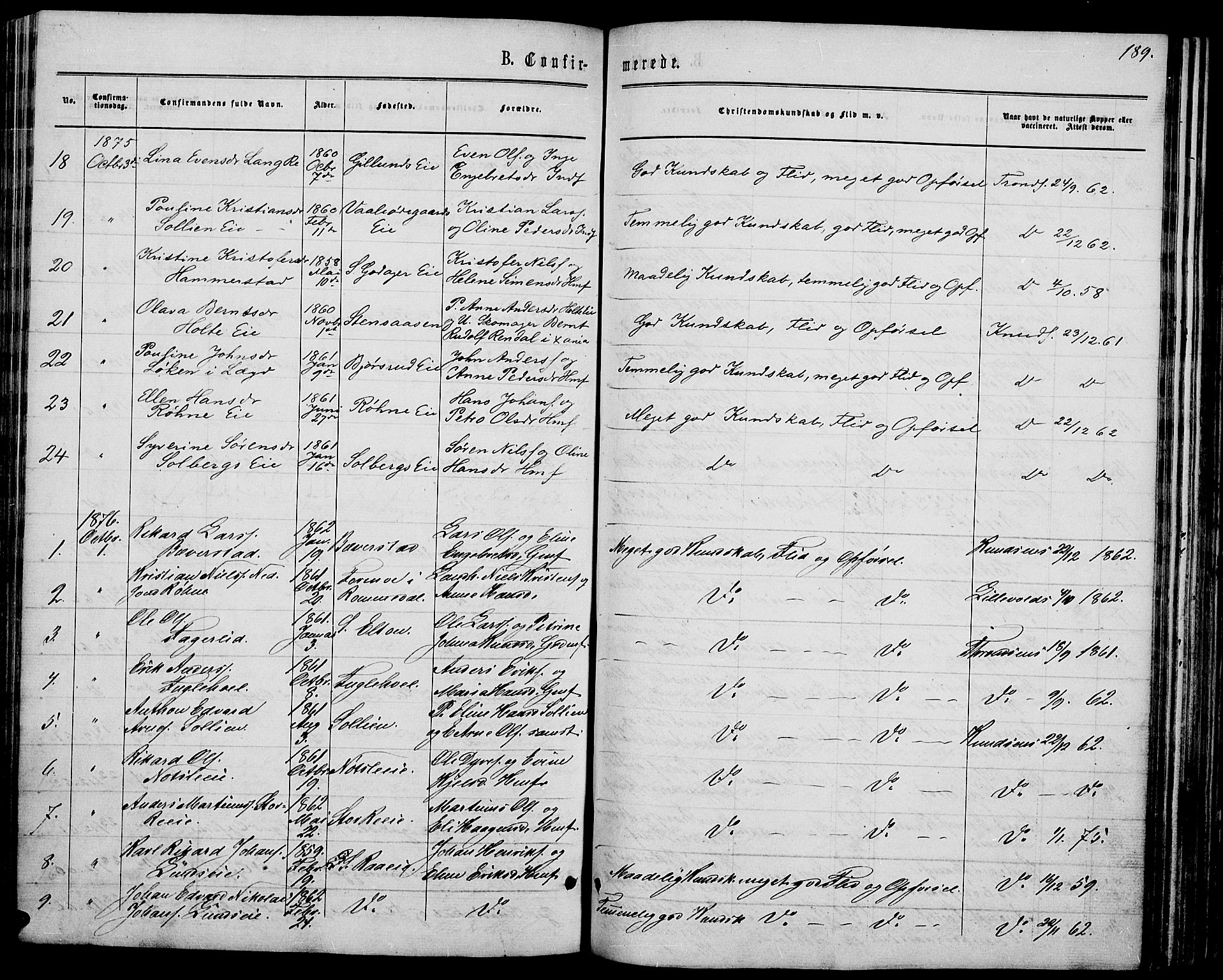 Stange prestekontor, AV/SAH-PREST-002/L/L0006: Parish register (copy) no. 6, 1864-1882, p. 189