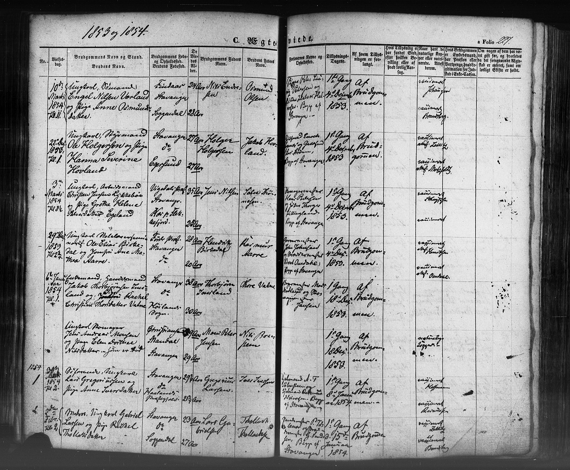 Domkirken sokneprestkontor, SAST/A-101812/001/30/30BB/L0009: Parish register (copy) no. B 9, 1850-1858, p. 227