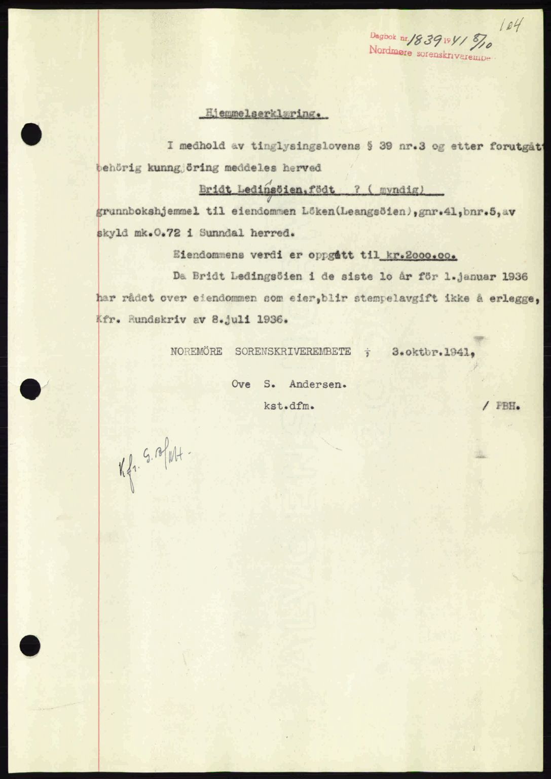 Nordmøre sorenskriveri, AV/SAT-A-4132/1/2/2Ca: Mortgage book no. A91, 1941-1942, Diary no: : 1839/1941