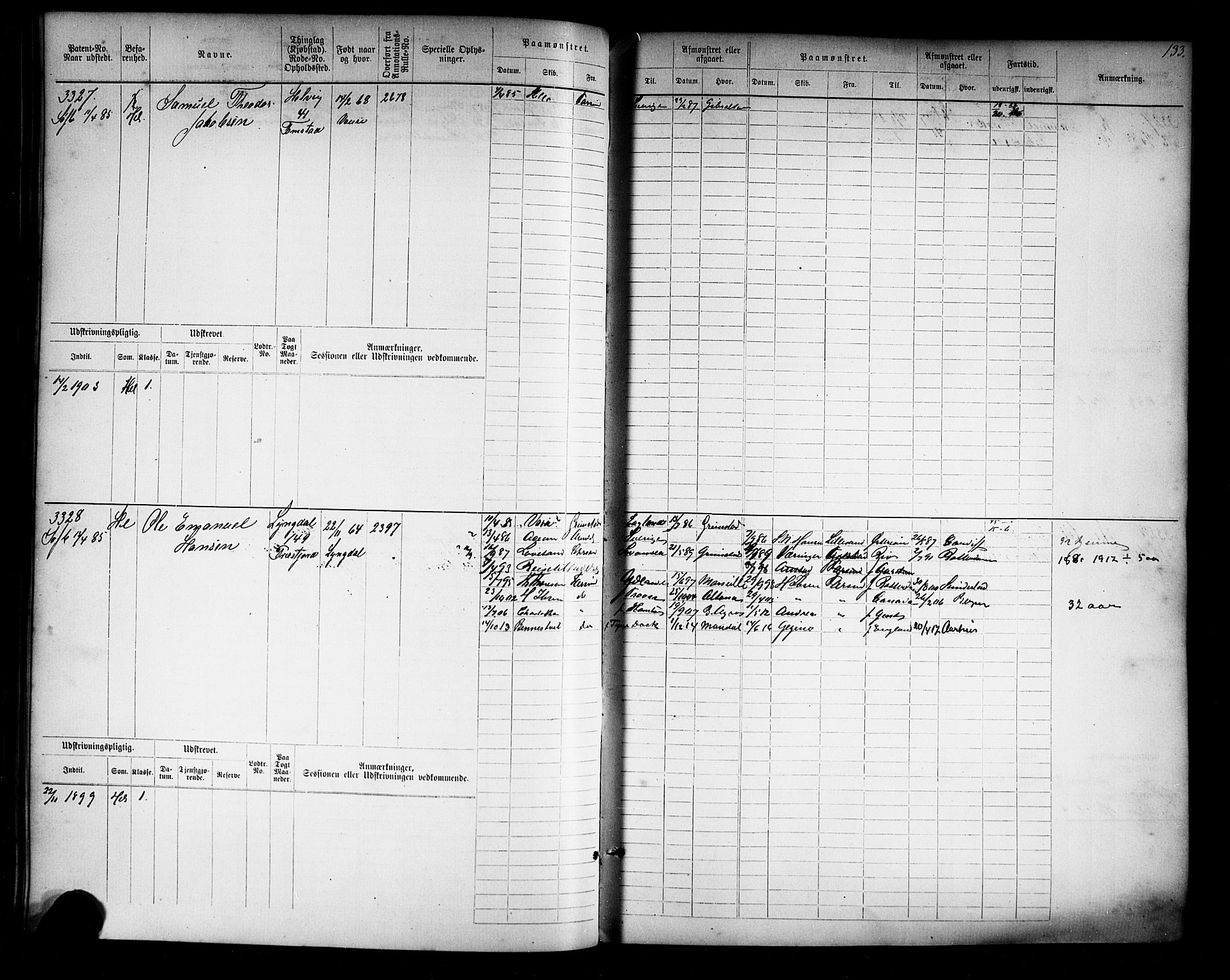 Farsund mønstringskrets, AV/SAK-2031-0017/F/Fb/L0019: Hovedrulle nr 3067-3832, Z-11, 1882-1922, p. 136