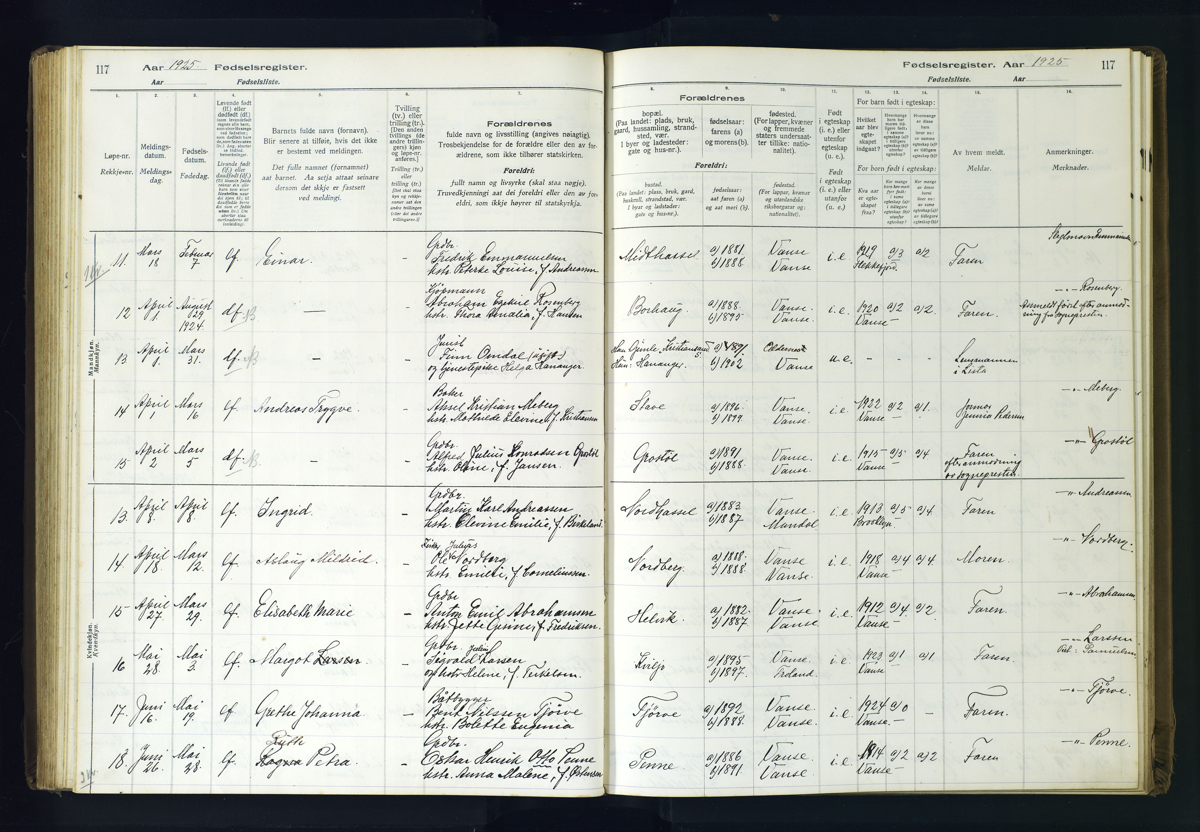 Lista sokneprestkontor, AV/SAK-1111-0027/J/Ja/L0001: Birth register no. A-VI-30, 1916-1934, p. 117