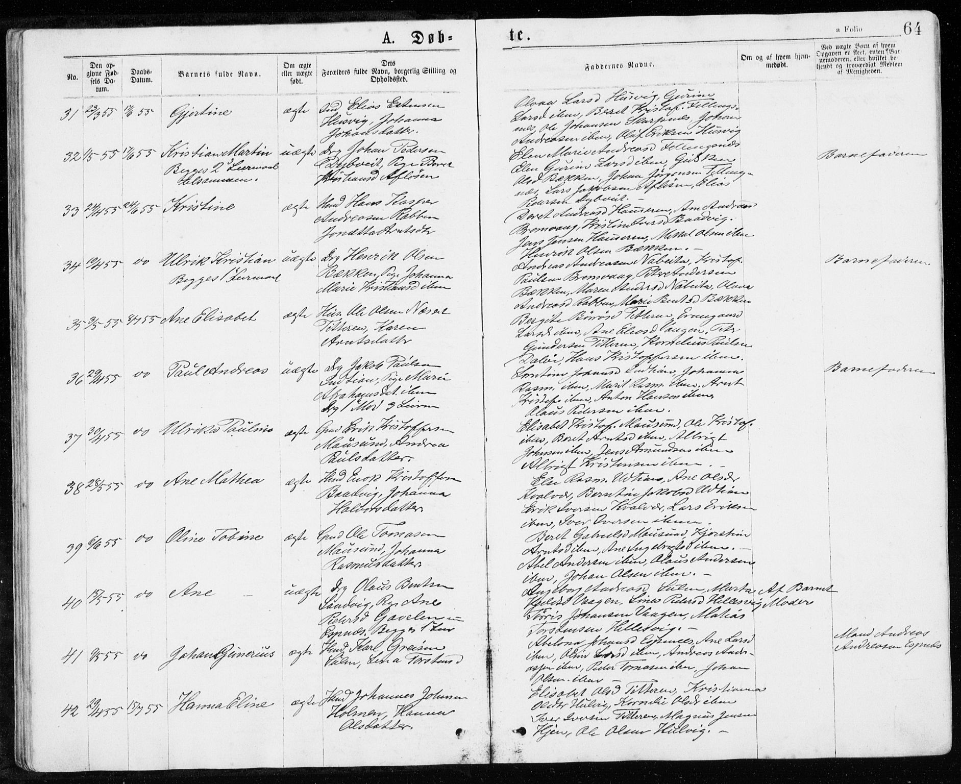 Ministerialprotokoller, klokkerbøker og fødselsregistre - Sør-Trøndelag, SAT/A-1456/640/L0576: Parish register (official) no. 640A01, 1846-1876, p. 64
