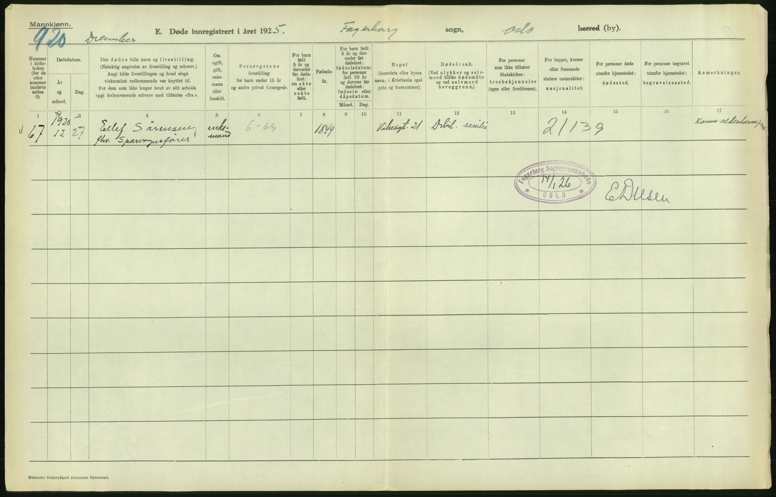 Statistisk sentralbyrå, Sosiodemografiske emner, Befolkning, AV/RA-S-2228/D/Df/Dfc/Dfce/L0009: Oslo: Døde menn, 1925, p. 278