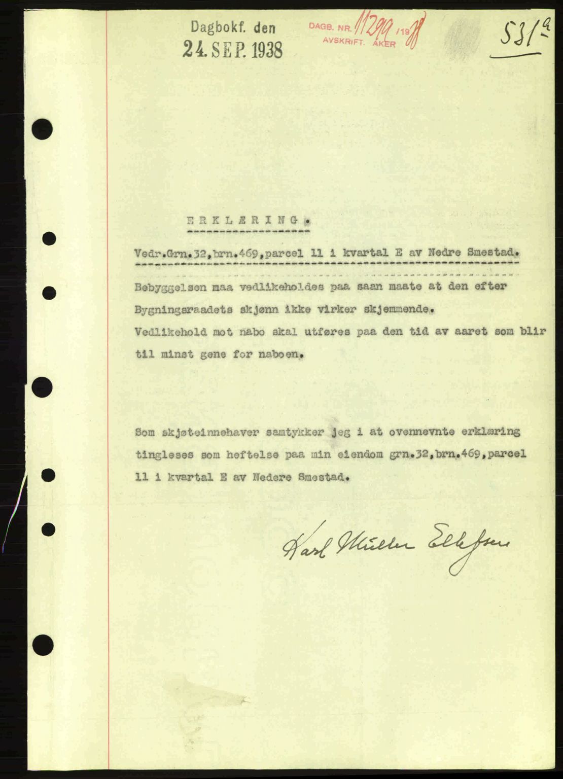 Aker herredsskriveri, SAO/A-10896/G/Gb/Gba/Gbab/L0025: Mortgage book no. A154-155, 1938-1938, Diary no: : 11299/1938