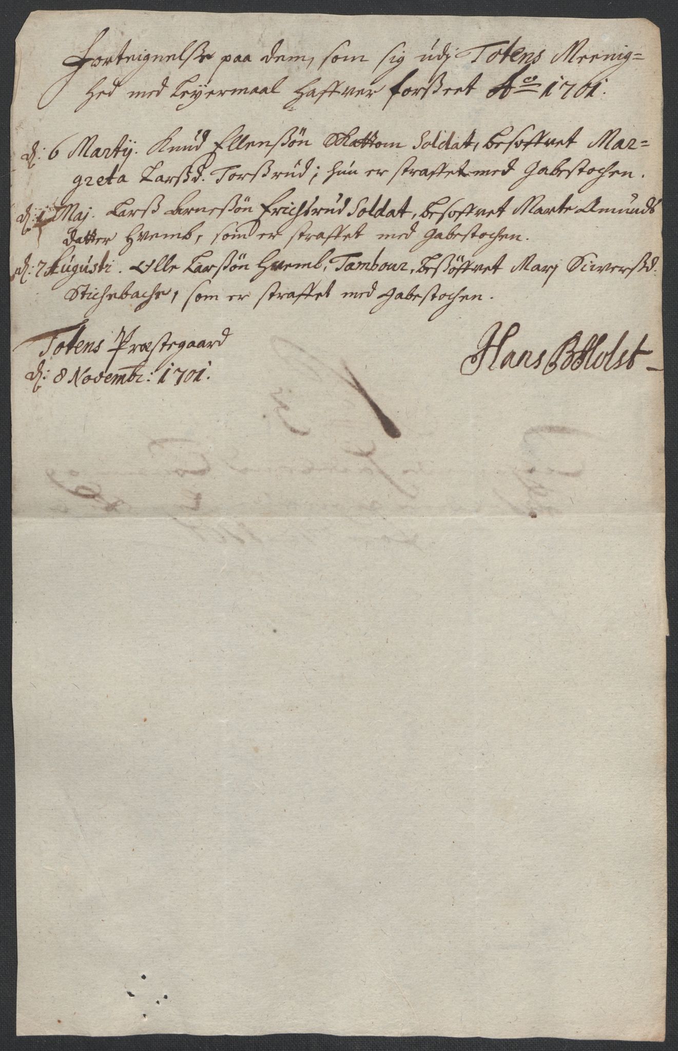 Rentekammeret inntil 1814, Reviderte regnskaper, Fogderegnskap, AV/RA-EA-4092/R18/L1299: Fogderegnskap Hadeland, Toten og Valdres, 1701, p. 313