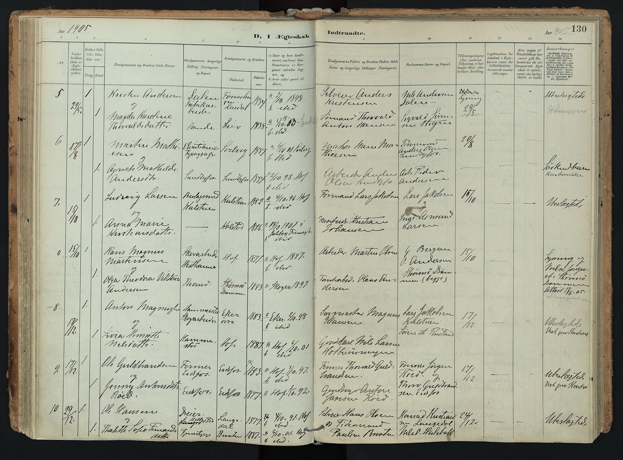 Hof kirkebøker, AV/SAKO-A-64/F/Fa/L0008: Parish register (official) no. I 8, 1902-1921, p. 130