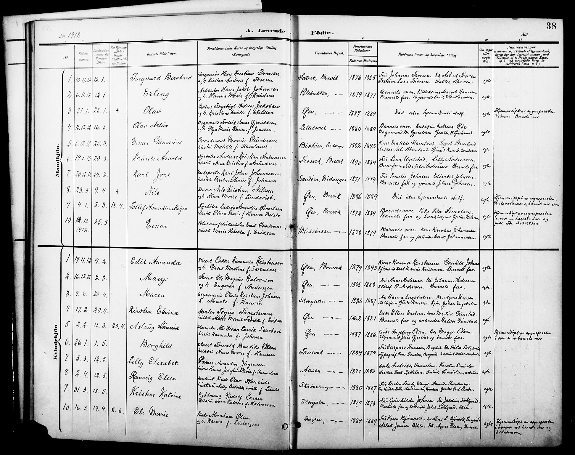 Brevik kirkebøker, SAKO/A-255/G/Ga/L0005: Parish register (copy) no. 5, 1901-1924, p. 38