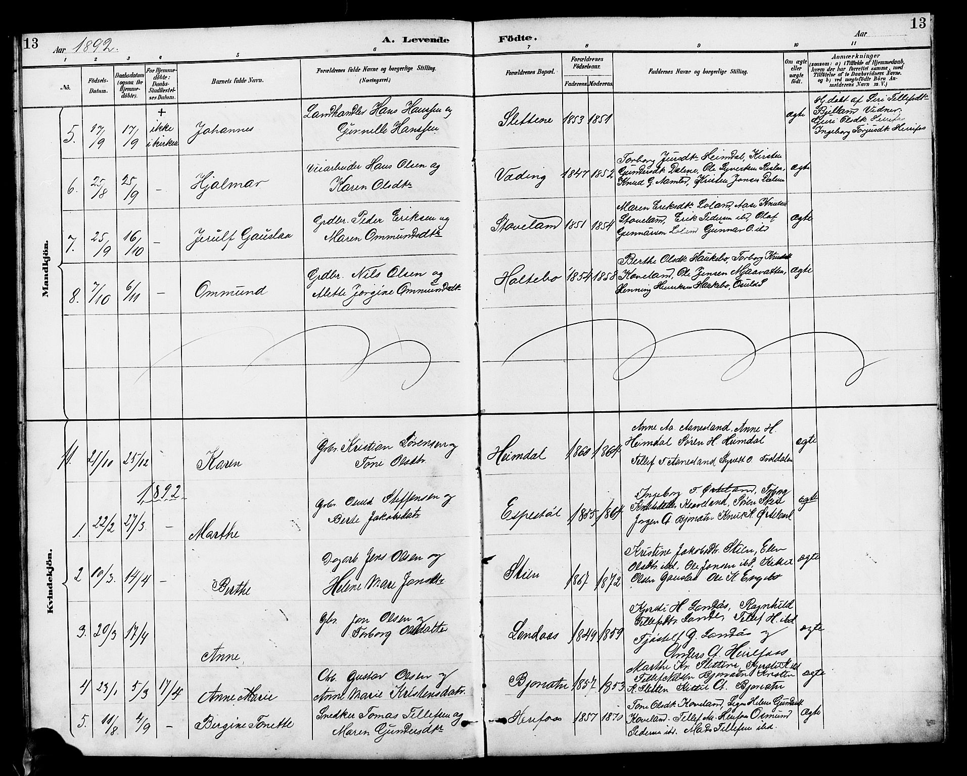 Herefoss sokneprestkontor, AV/SAK-1111-0019/F/Fb/Fba/L0003: Parish register (copy) no. B 3, 1887-1925, p. 13