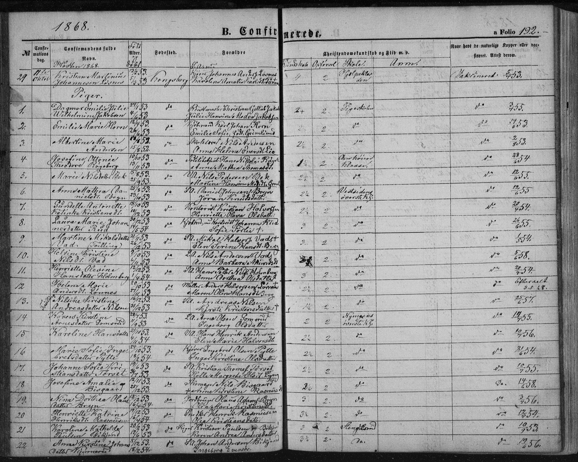 Kongsberg kirkebøker, AV/SAKO-A-22/F/Fa/L0010: Parish register (official) no. I 10, 1859-1875, p. 192