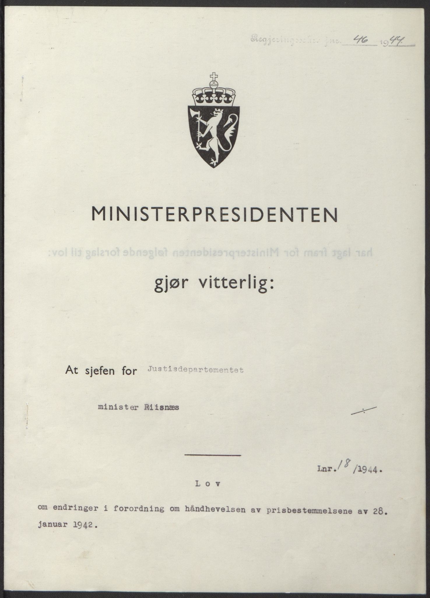 NS-administrasjonen 1940-1945 (Statsrådsekretariatet, de kommisariske statsråder mm), RA/S-4279/D/Db/L0100: Lover, 1944, p. 80