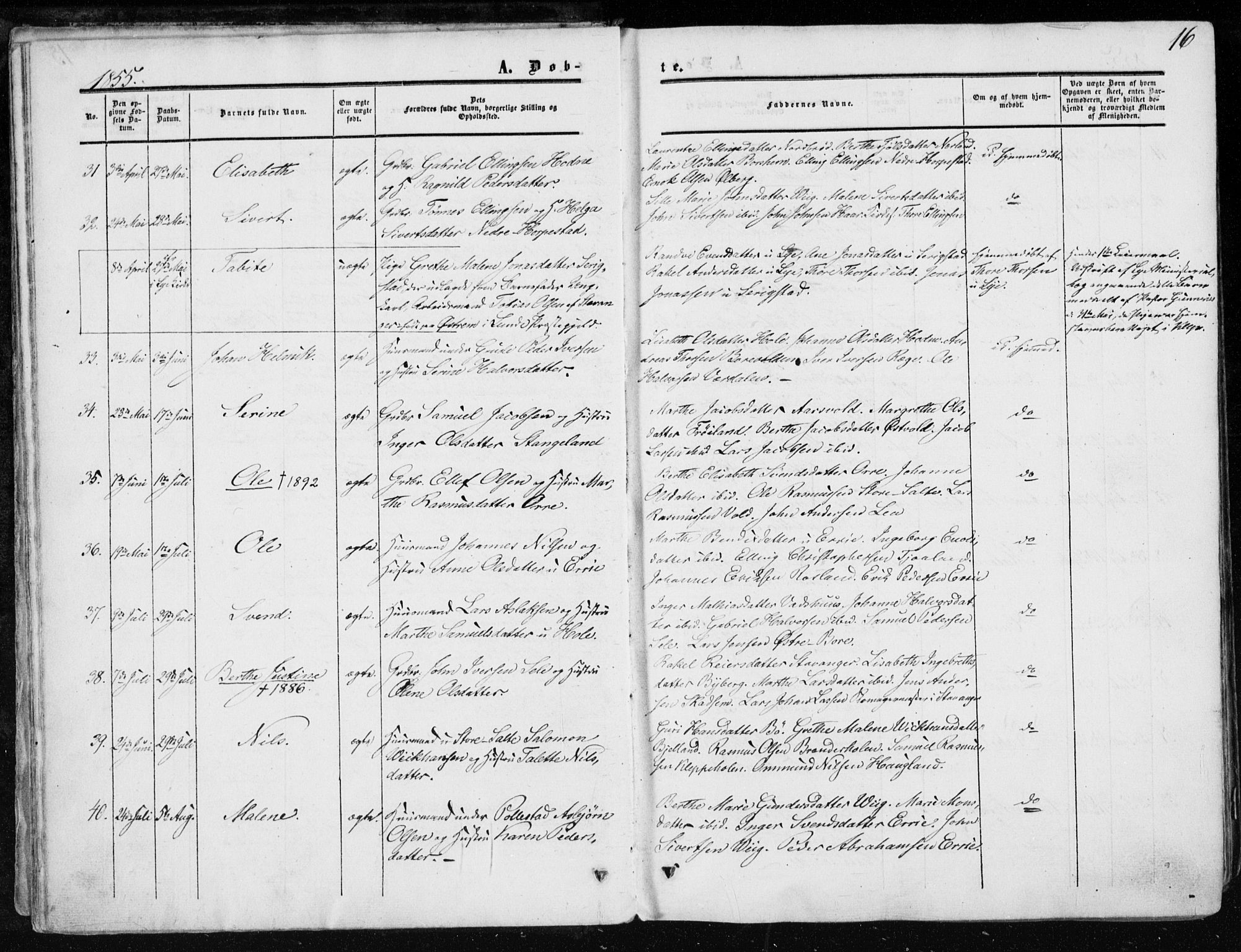 Klepp sokneprestkontor, AV/SAST-A-101803/001/3/30BA/L0005: Parish register (official) no. A 5, 1853-1870, p. 16