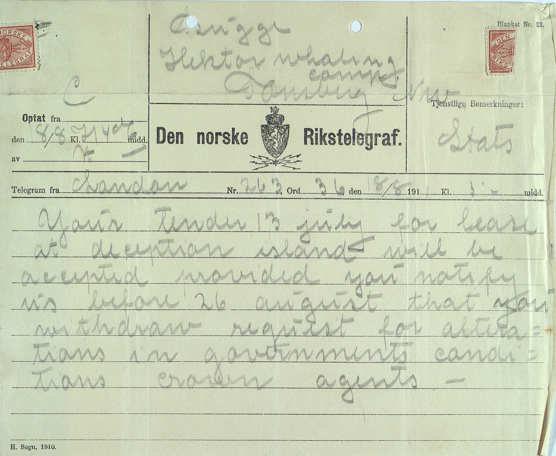 Pa 258 - N. Bugge AS, VEMU/A-1326/E/Ea/L0001/0001: Lisensavtaler og korrespondanse med Britiske myndigheter / The Crown Agents for the Colonies, 1911-1920