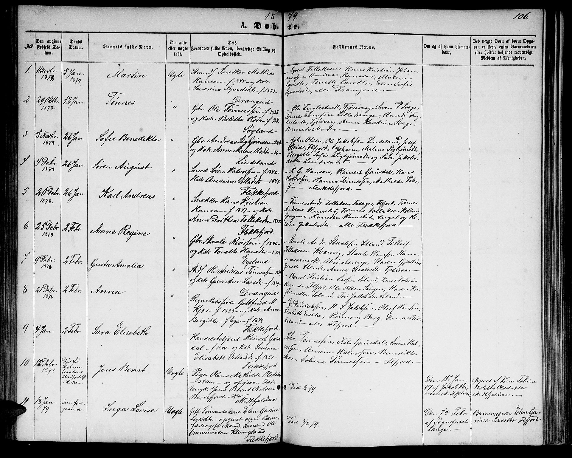 Flekkefjord sokneprestkontor, SAK/1111-0012/F/Fb/Fbc/L0006: Parish register (copy) no. B 6, 1866-1879, p. 106