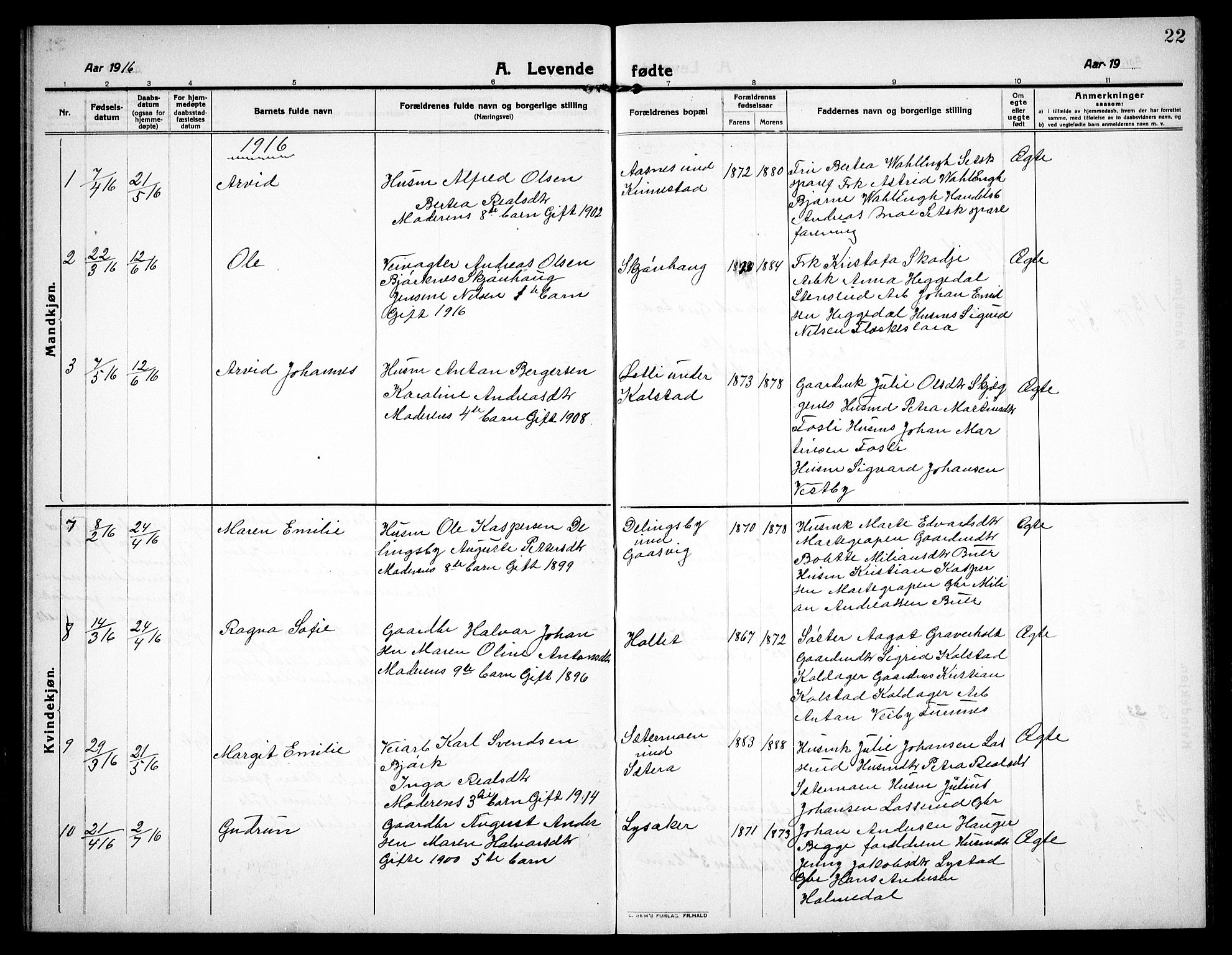 Høland prestekontor Kirkebøker, SAO/A-10346a/G/Gc/L0002: Parish register (copy) no. III 2, 1912-1925, p. 22