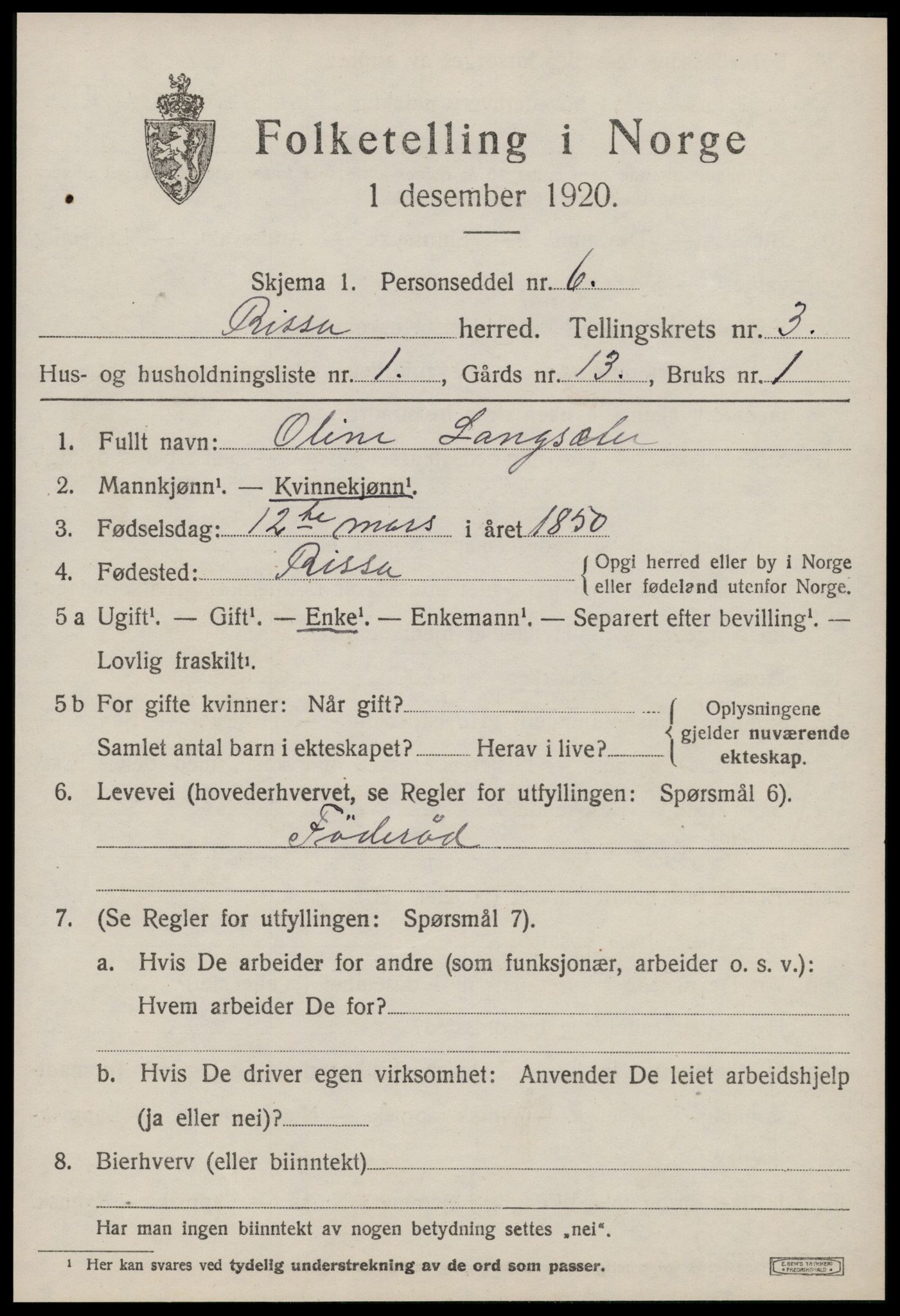 SAT, 1920 census for Rissa, 1920, p. 2501