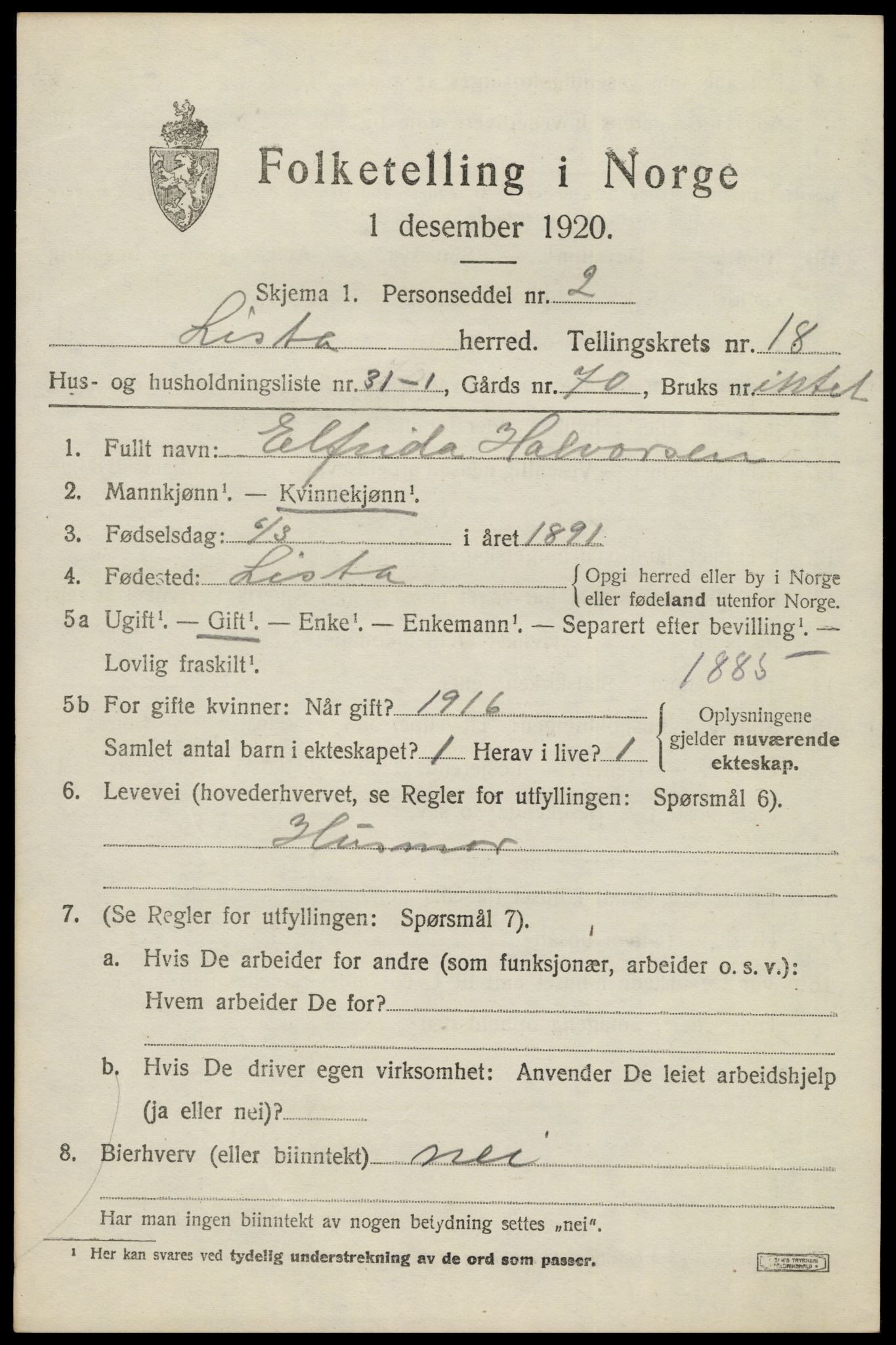 SAK, 1920 census for Lista, 1920, p. 14051