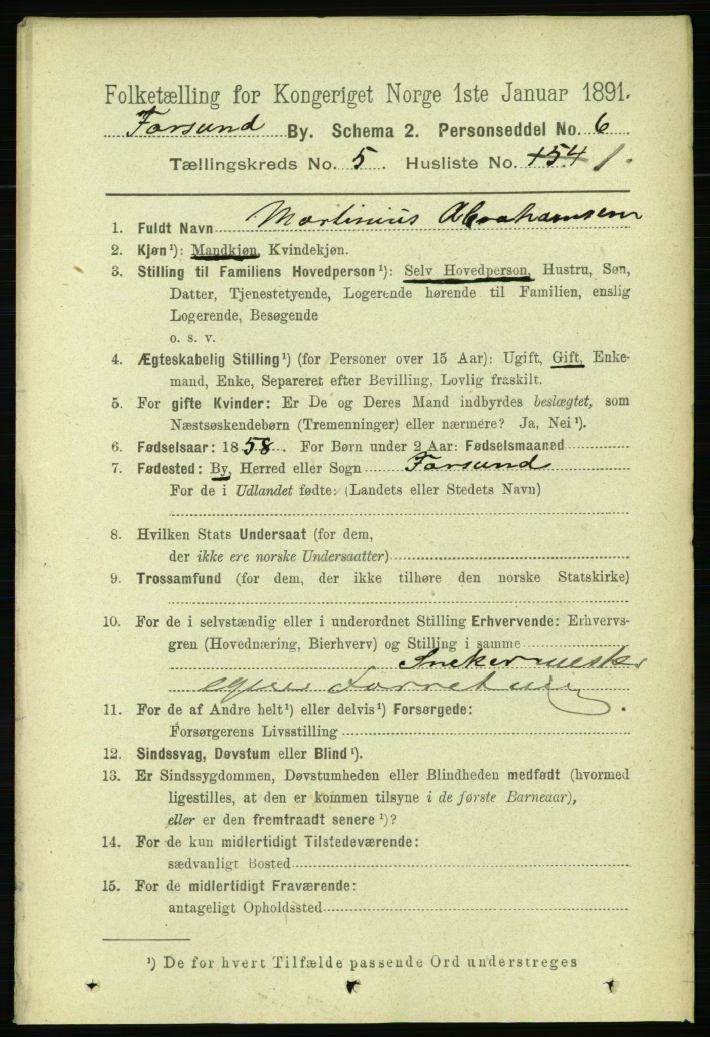 RA, 1891 census for 1003 Farsund, 1891, p. 1951