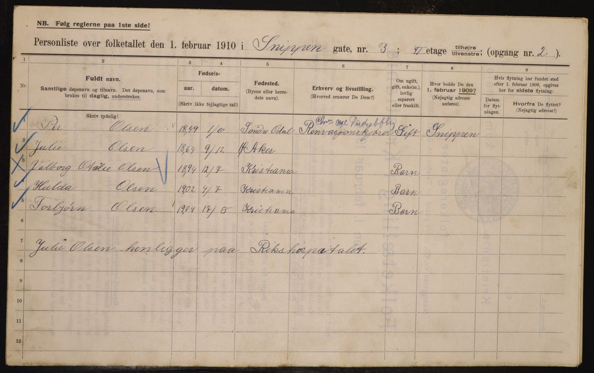 OBA, Municipal Census 1910 for Kristiania, 1910, p. 93407