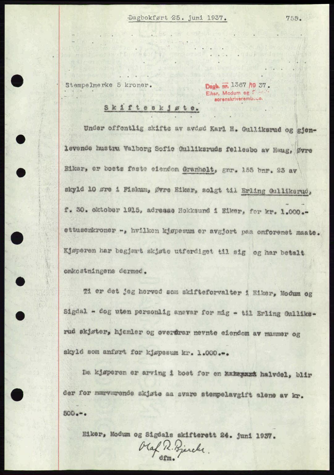 Eiker, Modum og Sigdal sorenskriveri, SAKO/A-123/G/Ga/Gab/L0035: Mortgage book no. A5, 1937-1937, Diary no: : 1367/1937