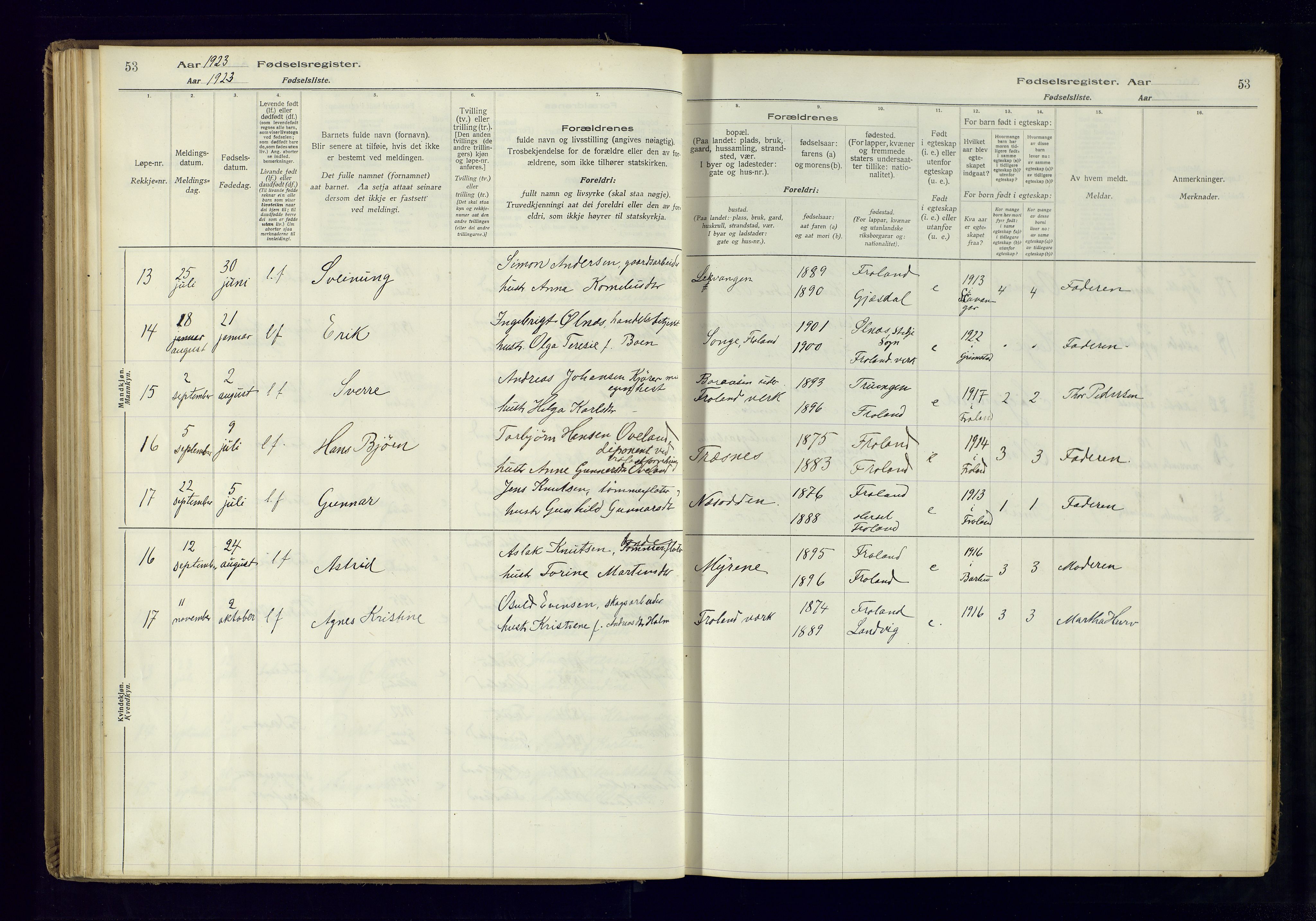 Froland sokneprestkontor, SAK/1111-0013/J/Ja/L0001: Birth register no. 1, 1916-1950, p. 53