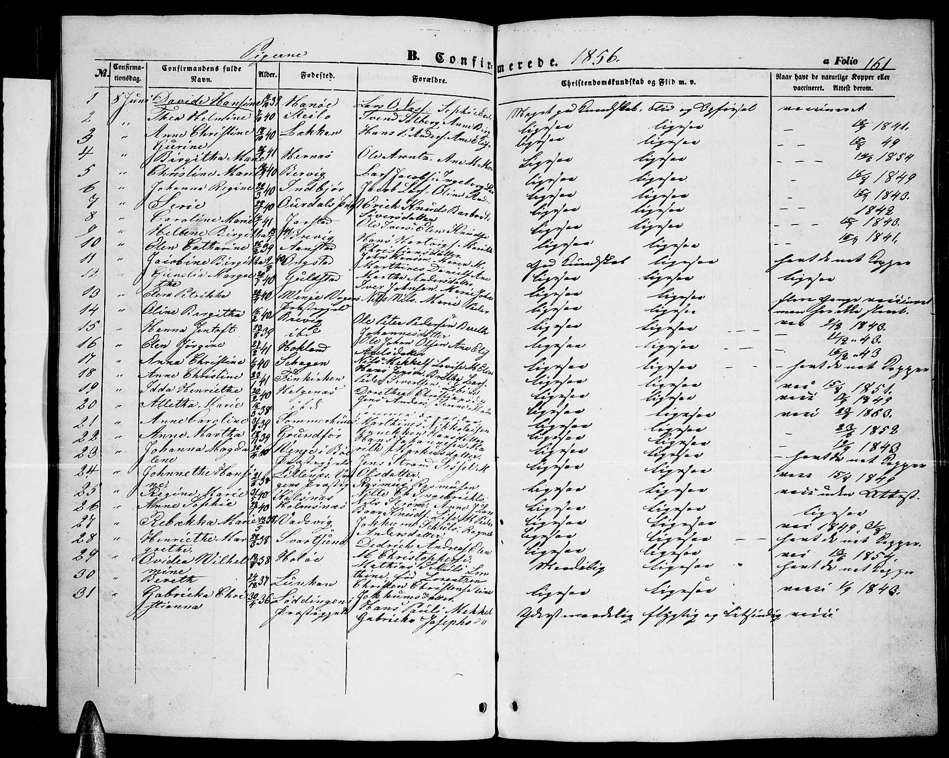 Ministerialprotokoller, klokkerbøker og fødselsregistre - Nordland, AV/SAT-A-1459/888/L1265: Parish register (copy) no. 888C03, 1850-1863, p. 161