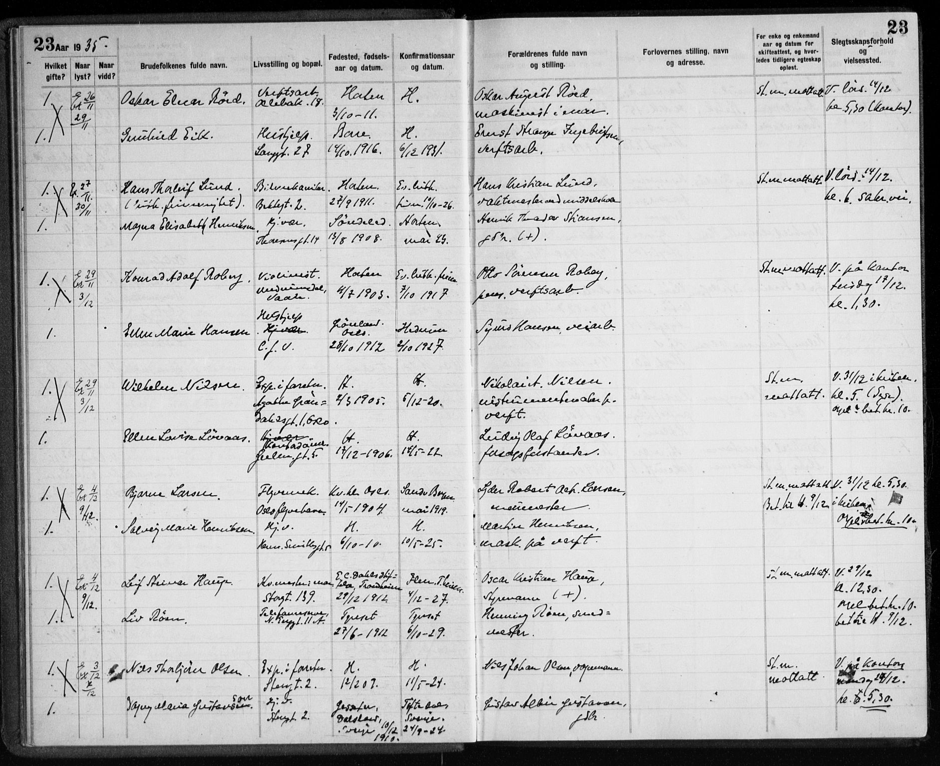 Horten kirkebøker, AV/SAKO-A-348/H/Ha/L0007: Banns register no. 7, 1934-1947, p. 23