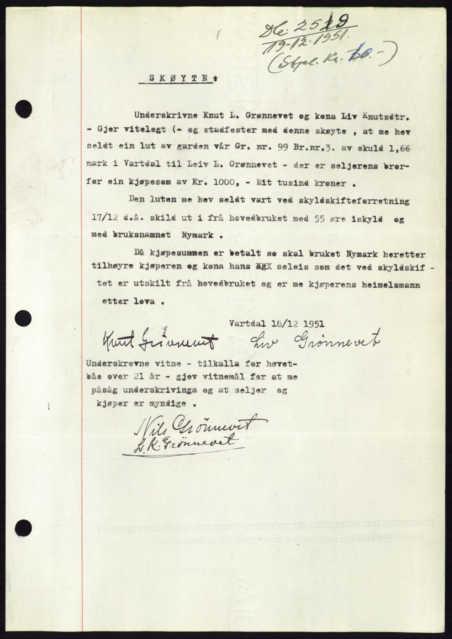Søre Sunnmøre sorenskriveri, AV/SAT-A-4122/1/2/2C/L0090: Mortgage book no. 16A, 1951-1951, Diary no: : 2519/1951