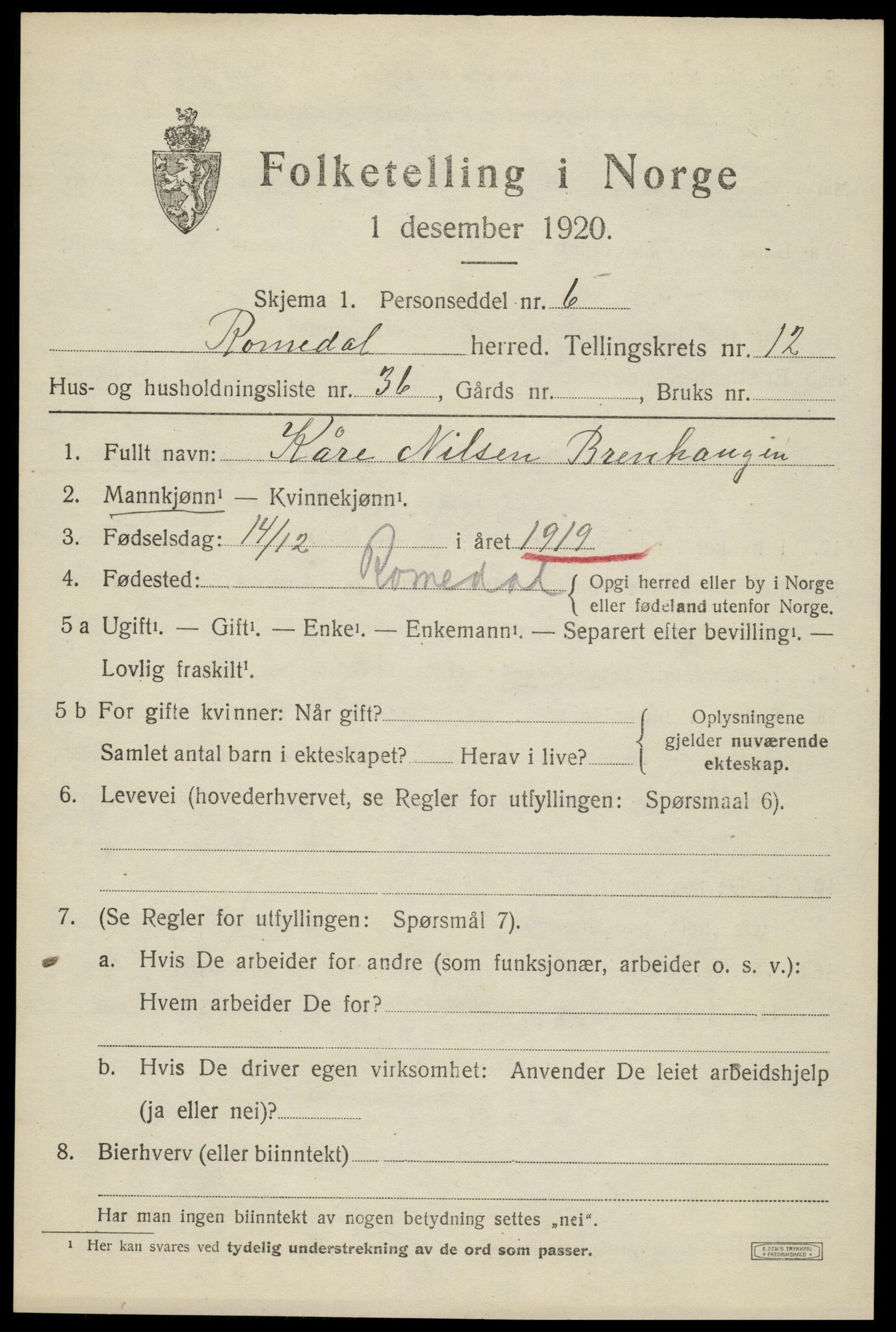 SAH, 1920 census for Romedal, 1920, p. 12947