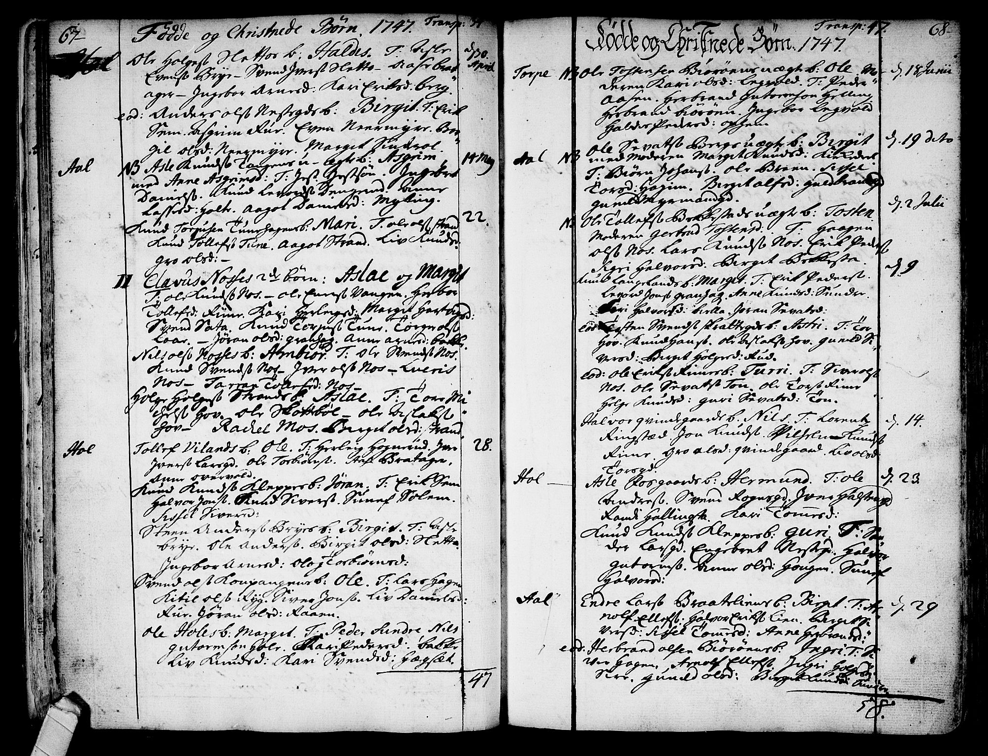 Ål kirkebøker, AV/SAKO-A-249/F/Fa/L0001: Parish register (official) no. I 1, 1744-1769, p. 67-68