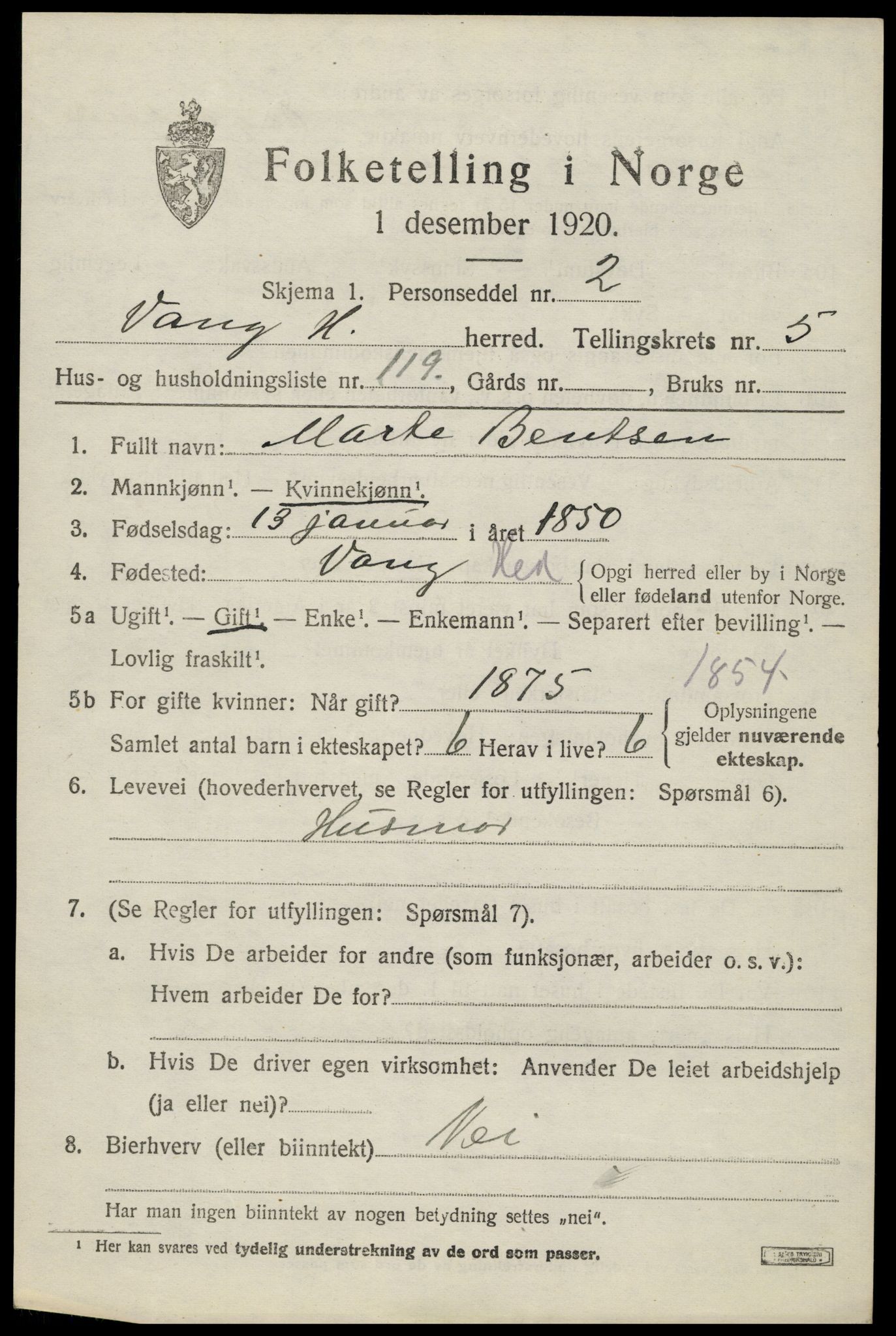 SAH, 1920 census for Vang (Hedmark), 1920, p. 15037