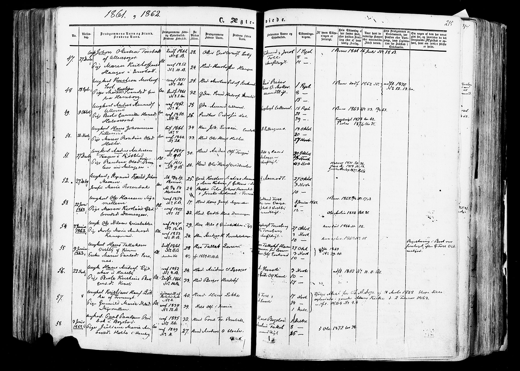 Aurskog prestekontor Kirkebøker, SAO/A-10304a/F/Fa/L0007: Parish register (official) no. I 7, 1854-1877, p. 215