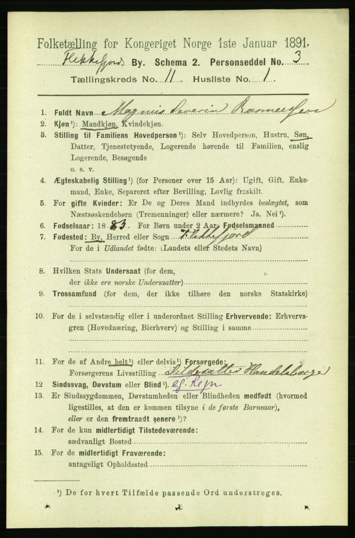 RA, 1891 census for 1004 Flekkefjord, 1891, p. 1627