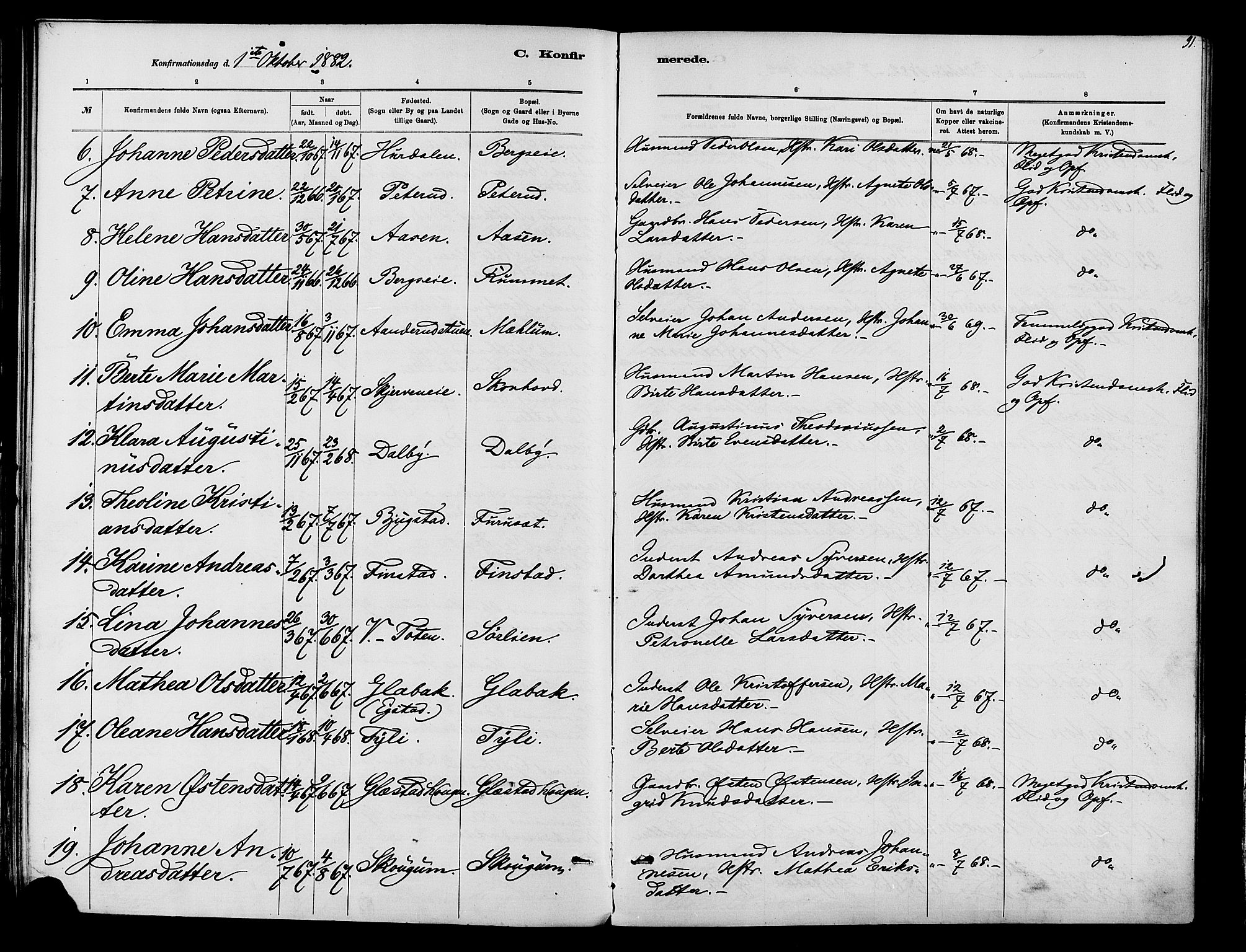 Vardal prestekontor, SAH/PREST-100/H/Ha/Haa/L0010: Parish register (official) no. 10, 1878-1893, p. 91