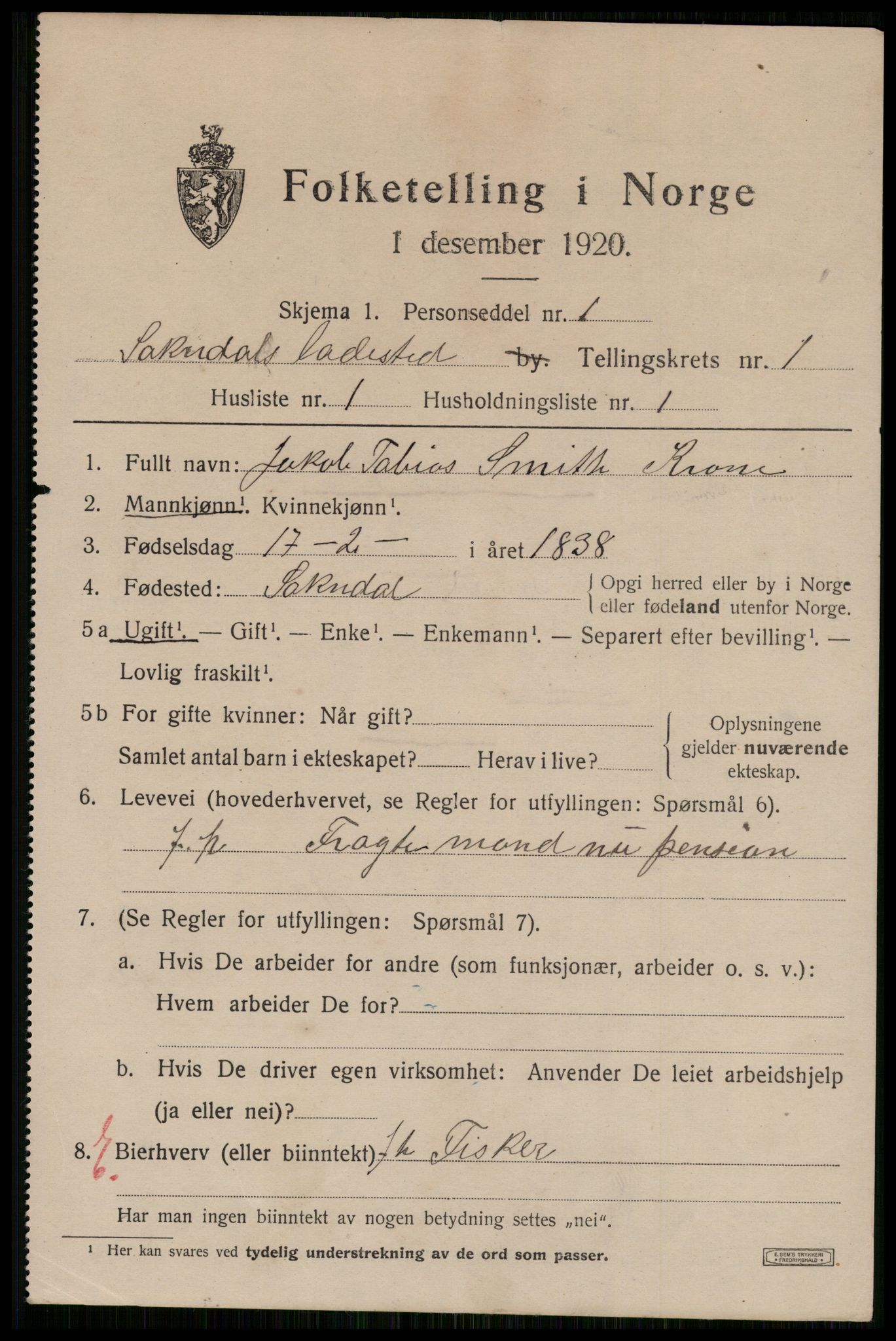 SAST, 1920 census for Sokndal town, 1920, p. 413