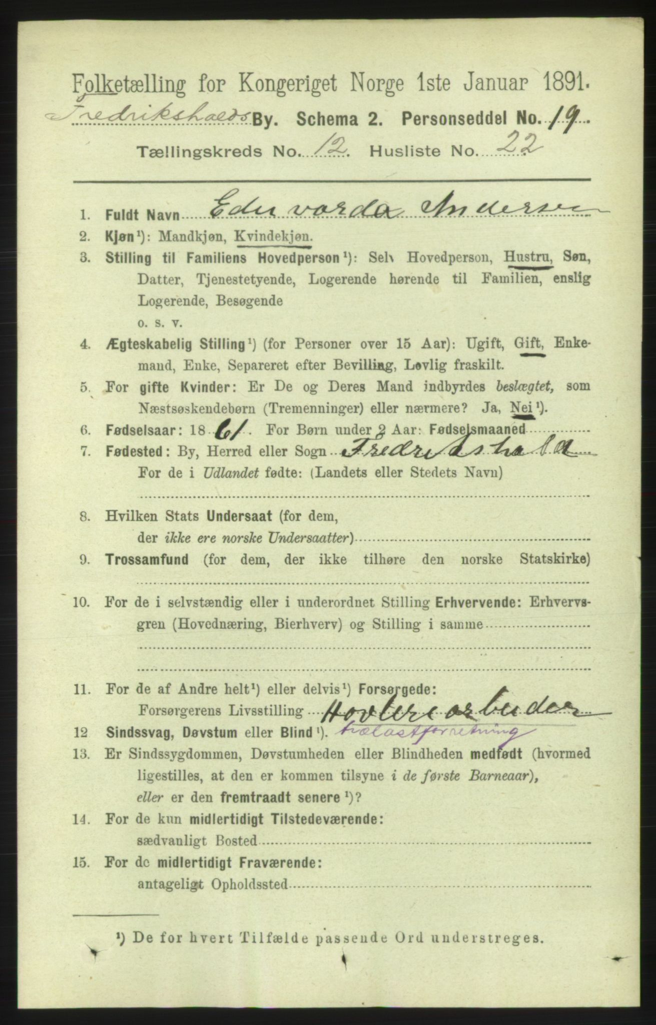 RA, 1891 census for 0101 Fredrikshald, 1891, p. 8554