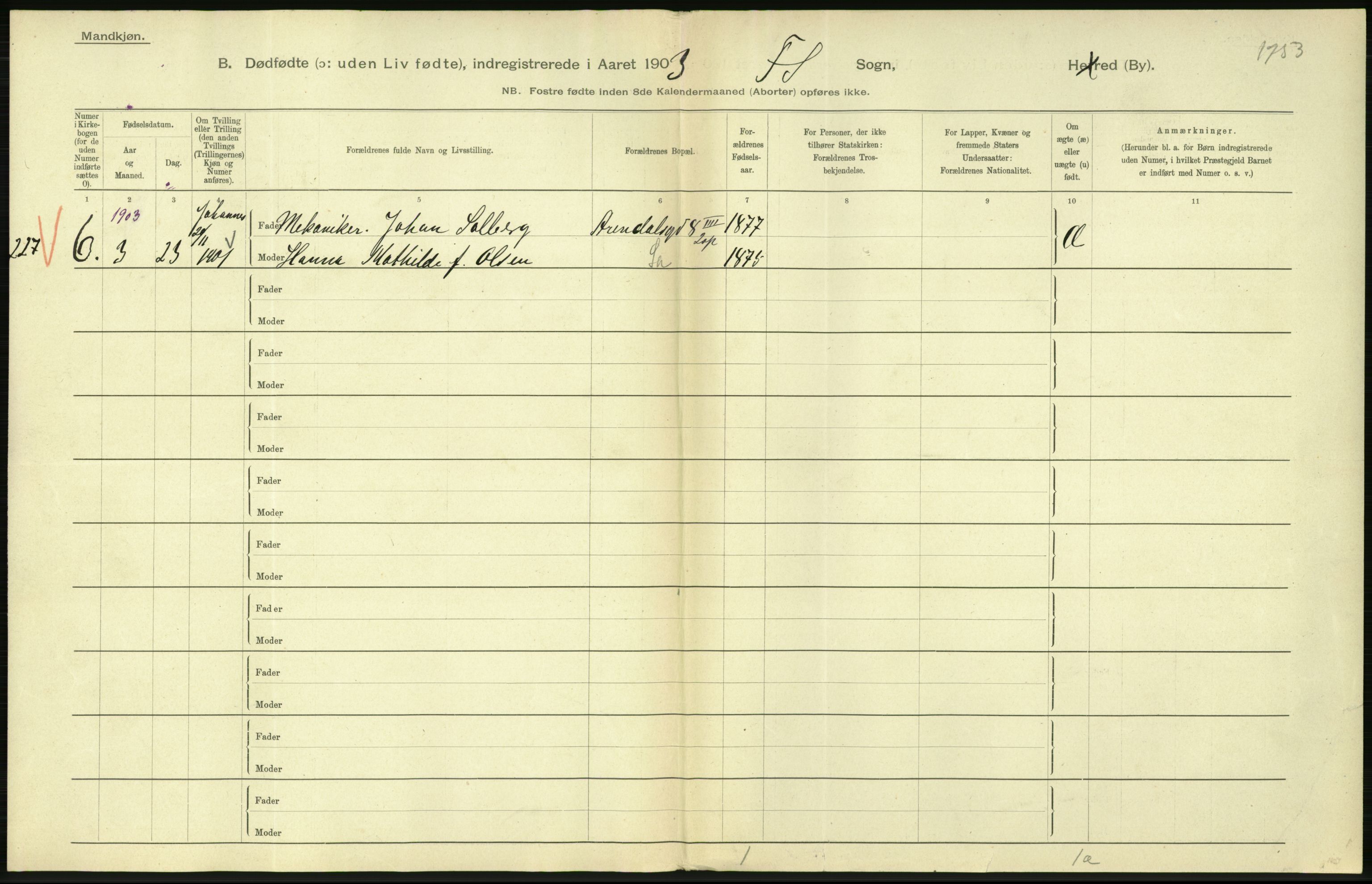 Statistisk sentralbyrå, Sosiodemografiske emner, Befolkning, AV/RA-S-2228/D/Df/Dfa/Dfaa/L0026: Smålenenes - Finnmarkens amt: Dødfødte. Byer., 1903, p. 58