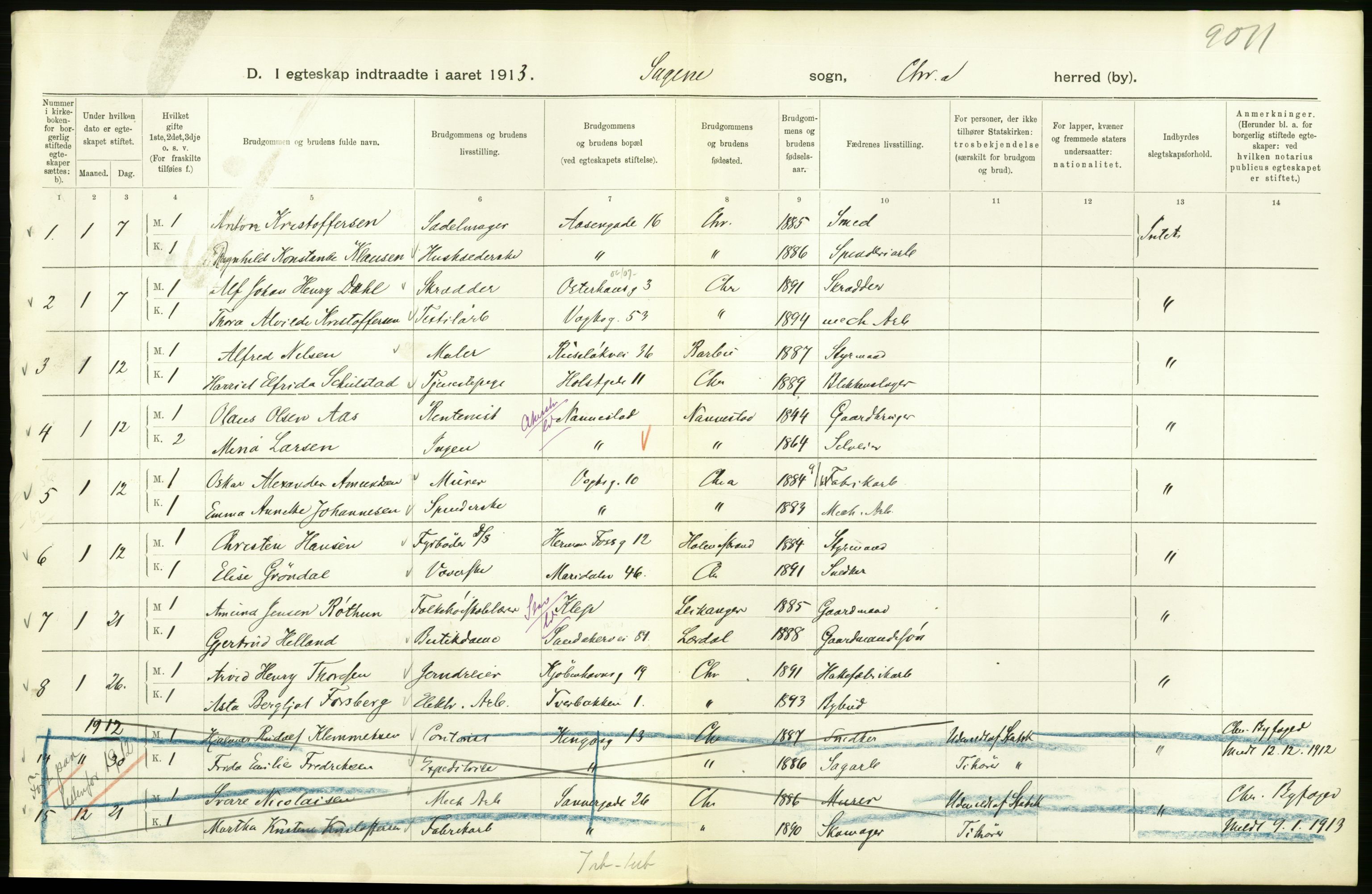 Statistisk sentralbyrå, Sosiodemografiske emner, Befolkning, AV/RA-S-2228/D/Df/Dfb/Dfbc/L0008: Kristiania: Gifte., 1913, p. 450