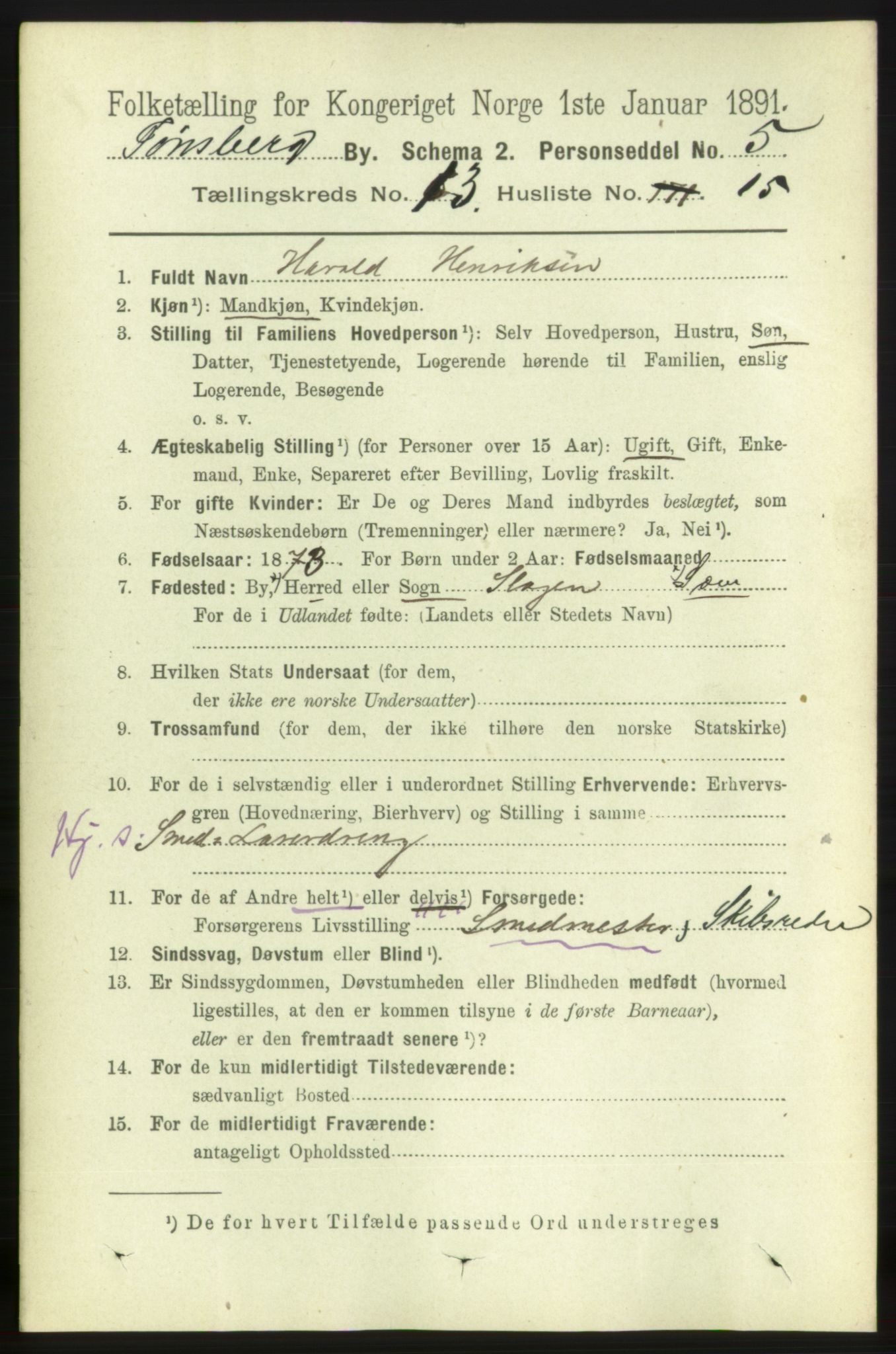 RA, 1891 census for 0705 Tønsberg, 1891, p. 4494