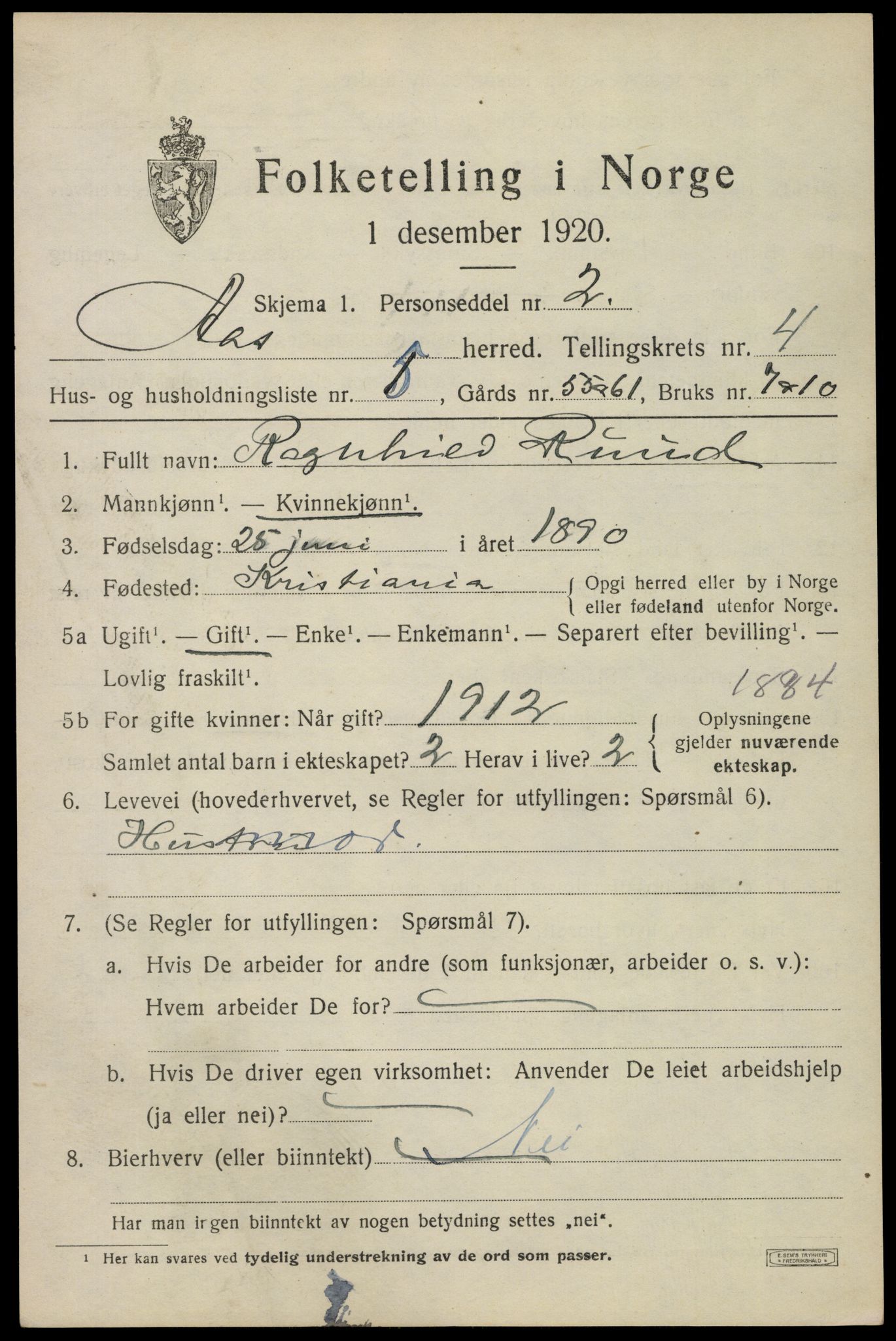 SAO, 1920 census for Ås, 1920, p. 4872