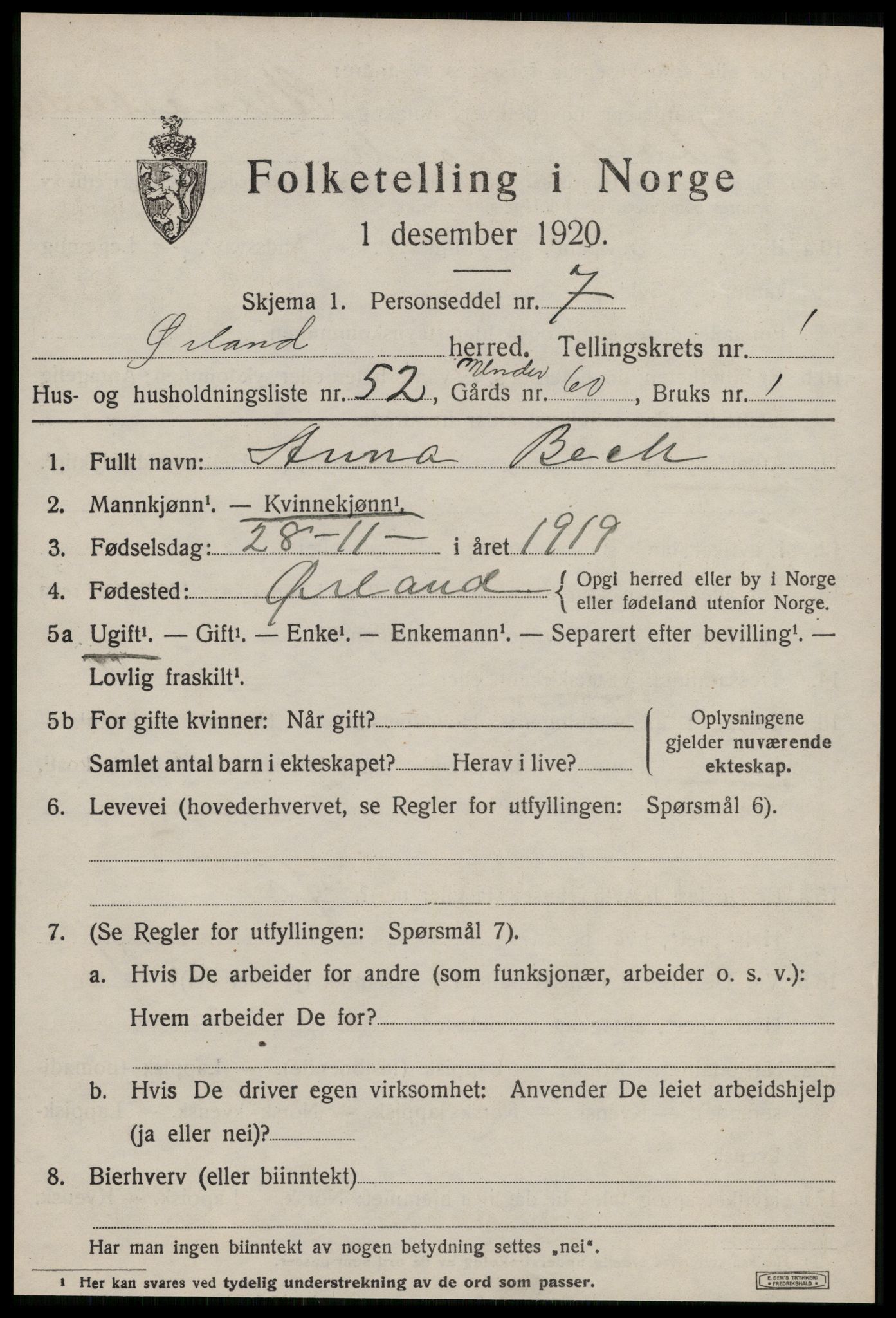 SAT, 1920 census for Ørland, 1920, p. 1981
